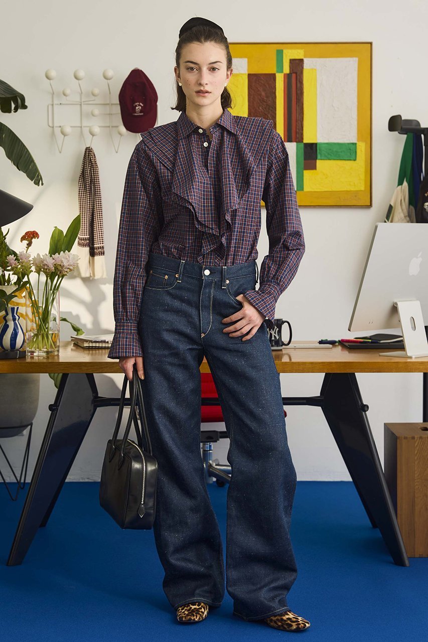 【オブラダ/Oblada】のチェックラッフルブラウス 人気、トレンドファッション・服の通販 founy(ファニー) 　ファッション　Fashion　レディースファッション　Fashion for Women　トップス・カットソー　Cut & Sew Tops　シャツ・ブラウス・オフィスカジュアル　Elegant Blouses & Button-Ups　なめらか　Smooth, Silky Texture　スリーブ　Sleeve, Long Sleeve / Short Sleeve　チェック　Check, Plaid, Tartan　デニム　Denim, Jeans Material　ロング　Long, Long-Length　エレガント 上品　Elegant　再入荷　Restock / Back in Stock　other-6|ID: prp329100004898168 ipo3291000000036642015