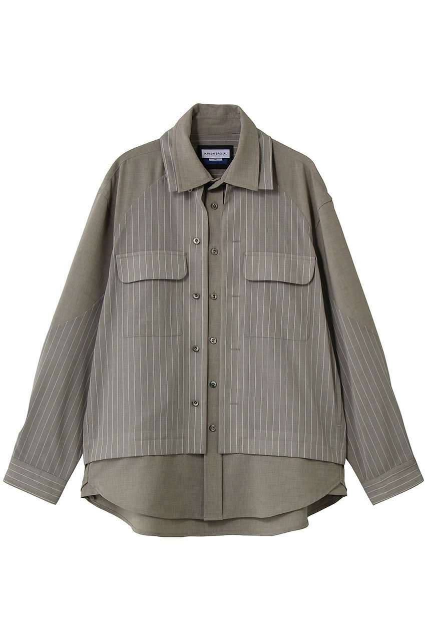 【メゾンスペシャル/MAISON SPECIAL】の【UNISEX】レイヤリングオープンカラーシャツ インテリア・キッズ・メンズ・レディースファッション・服の通販 founy(ファウニー) 　ファッション　Fashion　レディースファッション　Fashion for Women　トップス・カットソー　Cut & Sew Tops　シャツ・ブラウス・オフィスカジュアル　Elegant Blouses & Button-Ups　ジュエリー　Jewelry　ファッションリング　Fashion Rings　イヤリング・フープ・ドロップタイプ　Hoop, Drop & Clip Earrings　ユニセックス　Unisex, Genderless　ストライプ　Stripe, Striped Pattern　ストレッチ　Stretch, Stretchy Fabric　スリーブ　Sleeve, Long Sleeve / Short Sleeve　ドッキング　Docking, Mixed Material　ロング　Long, Long-Length　G.BGE(グレーベージュ)|ID: prp329100004898244 ipo3291000000036931664