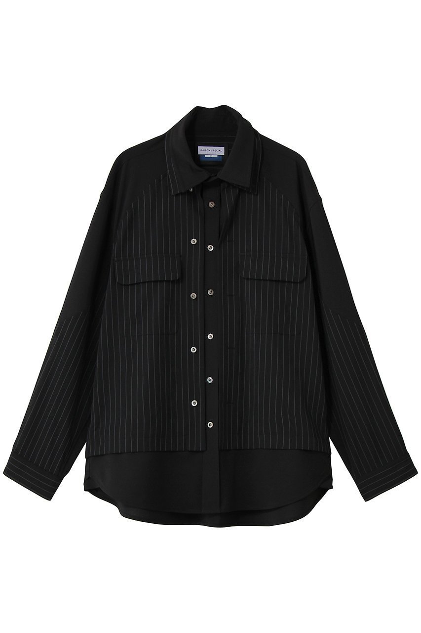 【メゾンスペシャル/MAISON SPECIAL】の【UNISEX】レイヤリングオープンカラーシャツ インテリア・キッズ・メンズ・レディースファッション・服の通販 founy(ファウニー) 　ファッション　Fashion　レディースファッション　Fashion for Women　トップス・カットソー　Cut & Sew Tops　シャツ・ブラウス・オフィスカジュアル　Elegant Blouses & Button-Ups　ジュエリー　Jewelry　ファッションリング　Fashion Rings　イヤリング・フープ・ドロップタイプ　Hoop, Drop & Clip Earrings　ユニセックス　Unisex, Genderless　ストライプ　Stripe, Striped Pattern　ストレッチ　Stretch, Stretchy Fabric　スリーブ　Sleeve, Long Sleeve / Short Sleeve　ドッキング　Docking, Mixed Material　ロング　Long, Long-Length　BLK(ブラック)|ID: prp329100004898244 ipo3291000000036931666