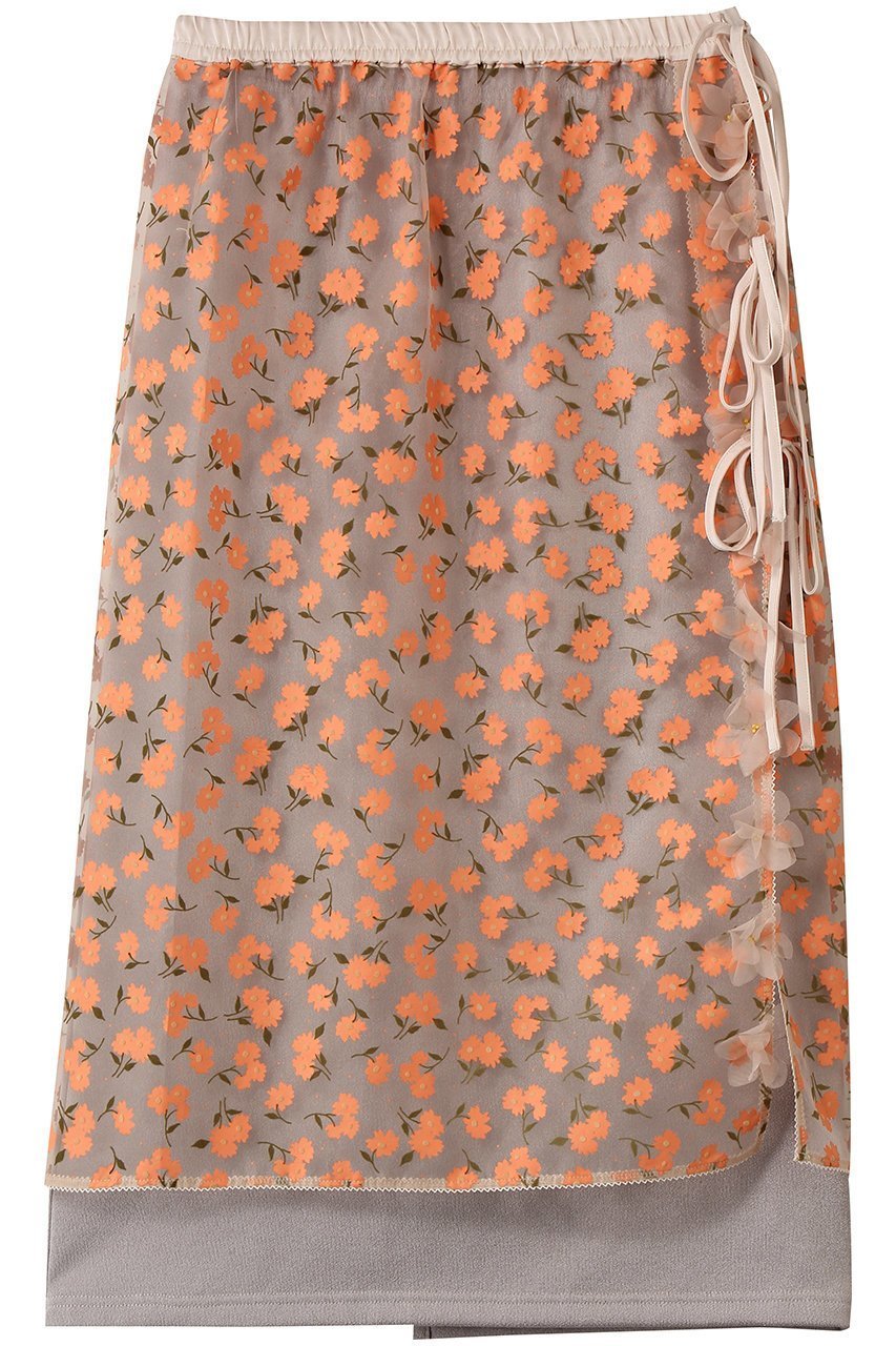 【ミュベール/MUVEIL】のフラワーフロッキープリントレイヤードスカート インテリア・キッズ・メンズ・レディースファッション・服の通販 founy(ファニー) 　ファッション　Fashion　レディースファッション　Fashion for Women　スカート　Skirts　ロングスカート　Long Skirts / Maxi & Midi Skirts　おすすめ　Recommended / Our Picks　オーガンジー　Organza Fabric　プリント　Print, Printed Pattern　リボン　Ribbon, Bow　ロング　Long, Long-Length　エレガント 上品　Elegant　オレンジ|ID: prp329100004899499 ipo3291000000036657333