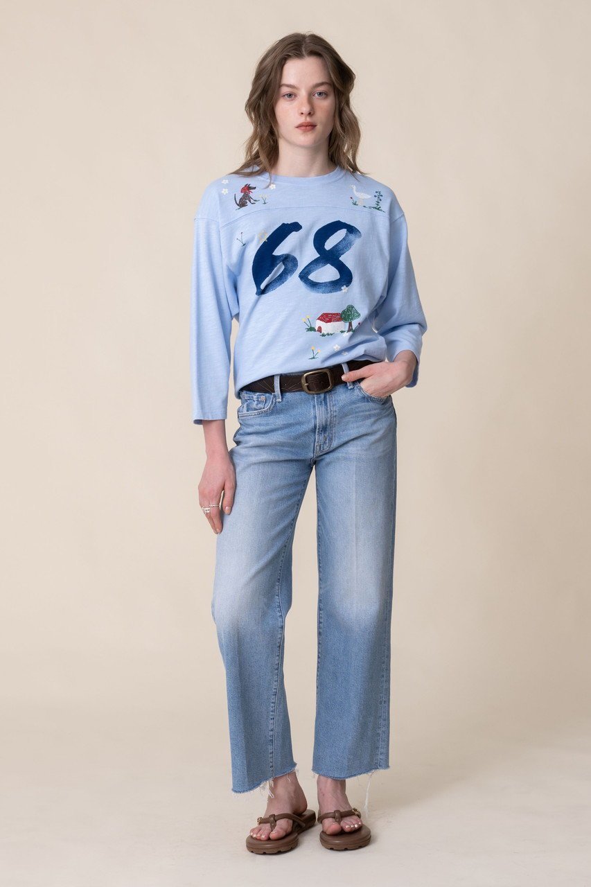 【マザー/MOTHER】のTHE FOOTBALLER 68ホリデービレッジトップス (FBA) 人気、トレンドファッション・服の通販 founy(ファニー) 　ファッション　Fashion　レディースファッション　Fashion for Women　トップス・カットソー　Cut & Sew Tops　シャツ・ブラウス・オフィスカジュアル　Elegant Blouses & Button-Ups　ロングTシャツ・Tシャツ　Longline T-Shirts & Tees　カットソー・ベーシックTシャツ　Cut-and-Sewn Tops / Stretch Tees & Basics　グラフィック　Graphic, Graphic Design　スリーブ　Sleeve, Long Sleeve / Short Sleeve　デニム　Denim, Jeans Material　フレア　Flare, Flared　ボトム　Bottoms, Lower Wear　ロング　Long, Long-Length　other-6|ID: prp329100004899520 ipo3291000000036657488