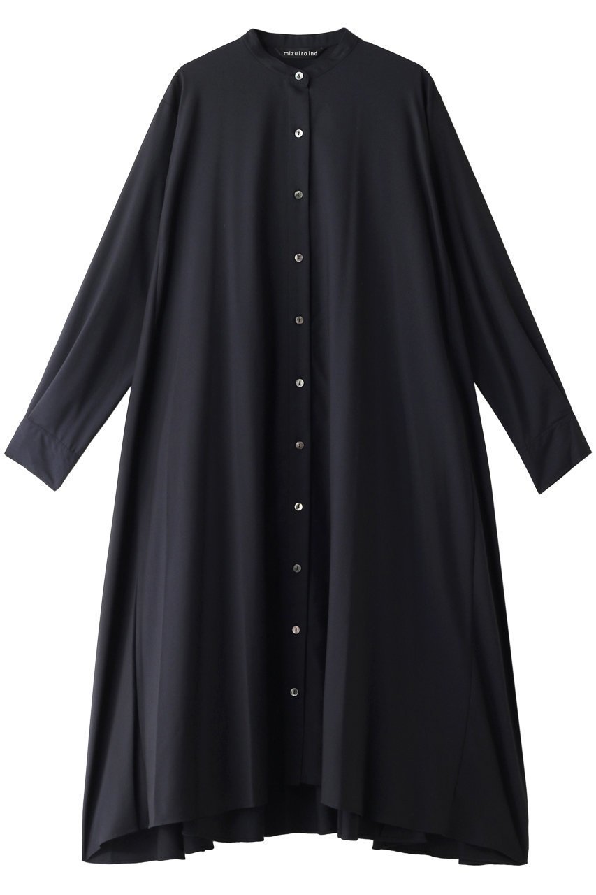 【ミズイロ インド/mizuiro ind】のバンドカラーフレアシャツワンピース インテリア・キッズ・メンズ・レディースファッション・服の通販 founy(ファニー) 　ファッション　Fashion　レディースファッション　Fashion for Women　ワンピース　Dresses　シャツワンピース / 1枚で着映えコーデ　Shirt Dresses　チュニック　Tunic Tops & Dresses　シンプル　Simple, Minimal　チュニック　Tunic, Long Top　フレア　Flare, Flared　ロング　Long, Long-Length　羽織　Haori, Light Jacket　ネイビー|ID: prp329100004900949 ipo3291000000036672866
