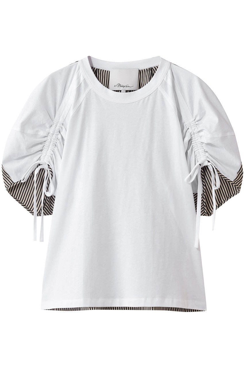 【スリーワン フィリップリム/3.1 Phillip Lim】のショートスリーブ ルーシュドスリーブ Tシャツ with コンボパネル インテリア・キッズ・メンズ・レディースファッション・服の通販 founy(ファニー) 　ファッション　Fashion　レディースファッション　Fashion for Women　トップス・カットソー　Cut & Sew Tops　シャツ・ブラウス・オフィスカジュアル　Elegant Blouses & Button-Ups　ロングTシャツ・Tシャツ　Longline T-Shirts & Tees　カットソー・ベーシックTシャツ　Cut-and-Sewn Tops / Stretch Tees & Basics　ギャザー　Gathered, Ruffled　ショート　Short, Short Length　ストライプ　Stripe, Striped Pattern　スリーブ　Sleeve, Long Sleeve / Short Sleeve　フロント　Front, Front Design　モダン　Modern, Contemporary　リラックス　Relax, Relaxed Fit　ホワイト|ID: prp329100004901584 ipo3291000000036679181