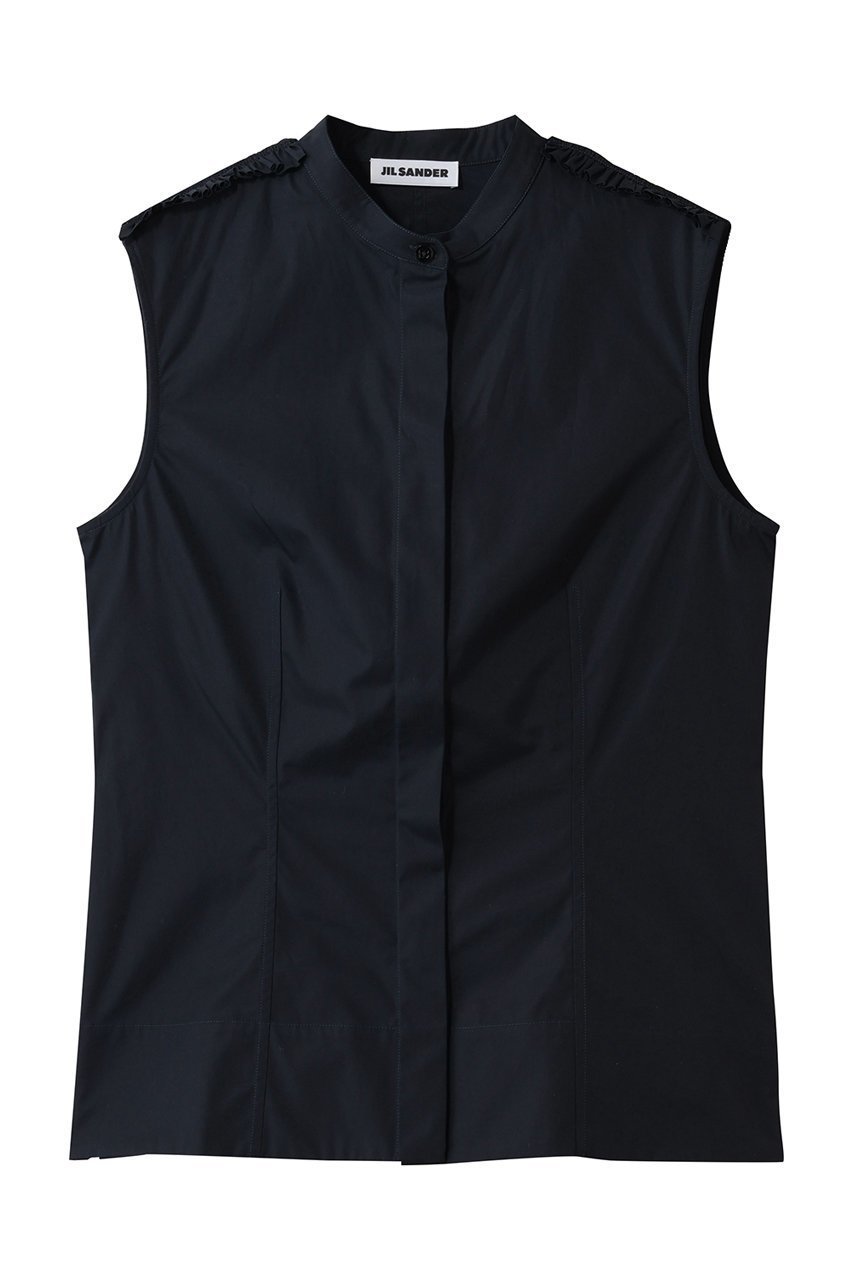 【ジル サンダー/JIL SANDER】のコットン ポプリン ラッフル トップス インテリア・キッズ・メンズ・レディースファッション・服の通販 founy(ファウニー) 　ファッション　Fashion　レディースファッション　Fashion for Women　トップス・カットソー　Cut & Sew Tops　キャミソール&ノースリーブ　Camisoles & Sleeveless Tops　シャツ・ブラウス・オフィスカジュアル　Elegant Blouses & Button-Ups　ラッフルトップス・フリルブラウス　Ruffle Tops / Frilled Blouses　ショルダー　Shoulder, Shoulder Strap　ノースリーブ　Sleeveless, No-Sleeve　フリル　Frill, Ruffle　ラッフル　Ruffle, Frill　再入荷　Restock / Back in Stock　ネイビー|ID: prp329100004901703 ipo3291000000036680450