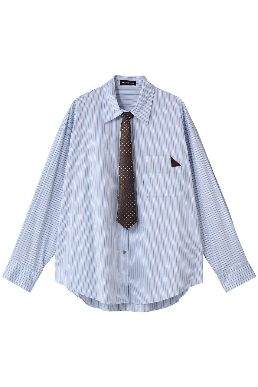 【メゾンスペシャル/MAISON SPECIAL】のStriped Neck Tie Shirt/ストライプネクタイシャツ インテリア・キッズ・メンズ・レディースファッション・服の通販 founy(ファニー) ファッション Fashion レディースファッション Fashion for Women トップス・カットソー Cut & Sew Tops シャツ・ブラウス・オフィスカジュアル Elegant Blouses & Button-Ups おすすめ Recommended / Our Picks カーゴパンツ Cargo Pants, Utility Pants スラックス Slacks, Dress Pants スリット Slit, Slit Detail スリーブ Sleeve, Long Sleeve / Short Sleeve デニム Denim, Jeans Material バランス Balance, Style Balance ロング Long, Long-Length BLU(ブルー)|ID: prp329100004901775 ipo3291000000036681173
