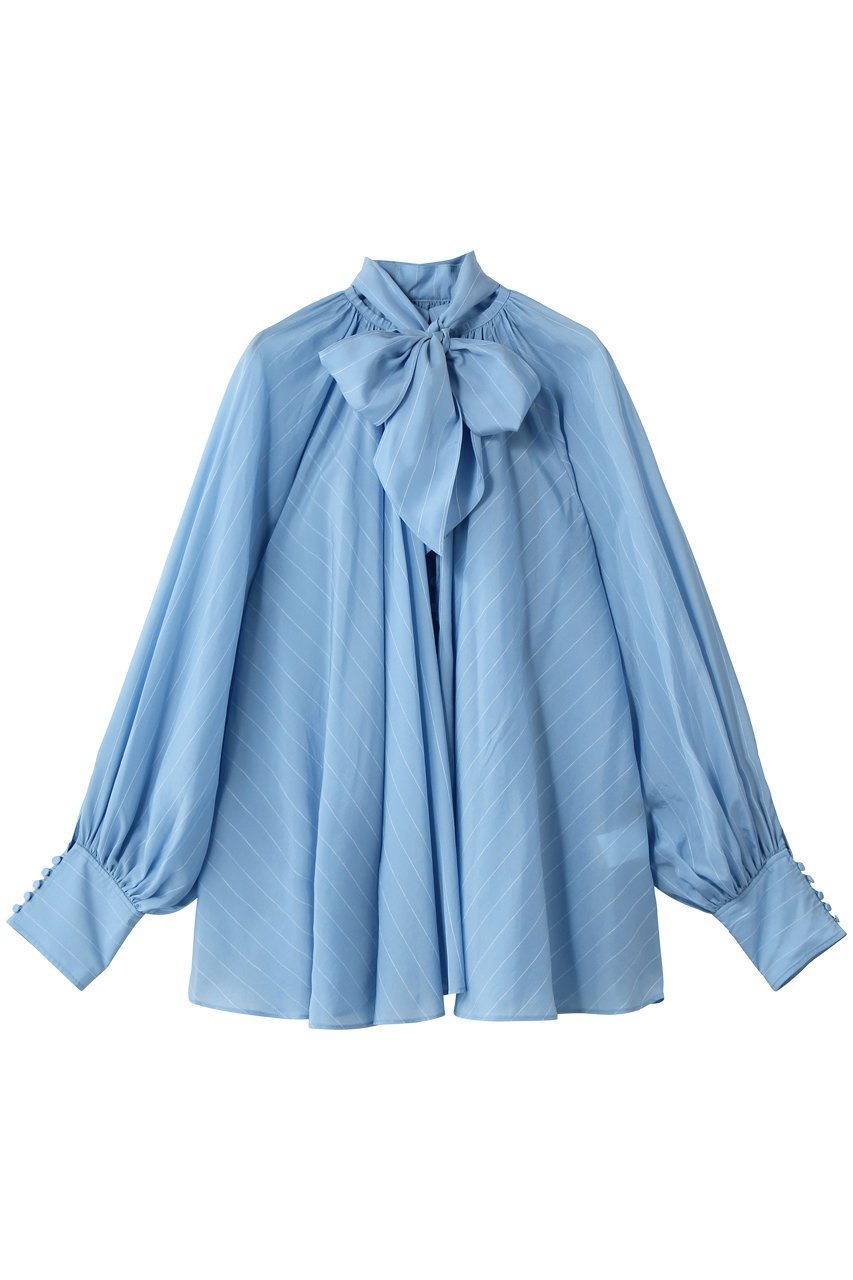 【メゾンスペシャル/MAISON SPECIAL】のV-neck voluminous blouse/タイ付Vネックボリュームブラウス インテリア・キッズ・メンズ・レディースファッション・服の通販 founy(ファウニー) 　ファッション　Fashion　レディースファッション　Fashion for Women　トップス・カットソー　Cut & Sew Tops　シャツ・ブラウス・オフィスカジュアル　Elegant Blouses & Button-Ups　Vネックトップス　V-Neck Tops / V-Cut Neckline Shirts　キュプラ　Cupro, Eco Fabric　ストライプ　Stripe, Striped Pattern　スリーブ　Sleeve, Long Sleeve / Short Sleeve　チェック　Check, Plaid, Tartan　フラット　Flat, Flat Shoes　フロント　Front, Front Design　マフラー　Scarf, Muffler　リボン　Ribbon, Bow　ロング　Long, Long-Length　BLU(ブルー)|ID: prp329100004901782 ipo3291000000037380385