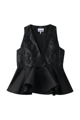 【ガニー/GANNI】のSatin Cloque スリーブレス ペプラムブラウス 人気、トレンドファッション・服の通販 founy(ファニー) ファッション Fashion レディースファッション Fashion for Women トップス・カットソー Cut & Sew Tops キャミソール&ノースリーブ Camisoles & Sleeveless Tops シャツ・ブラウス・オフィスカジュアル Elegant Blouses & Button-Ups サテン Satin, Glossy Fabric スリーブ Sleeve, Long Sleeve / Short Sleeve ノースリーブ Sleeveless, No-Sleeve パーティ Party, Party Style フラワー Flower, Floral フレア Flare, Flared ペプラム Peplum, Flared Hem |ID:prp329100004901840