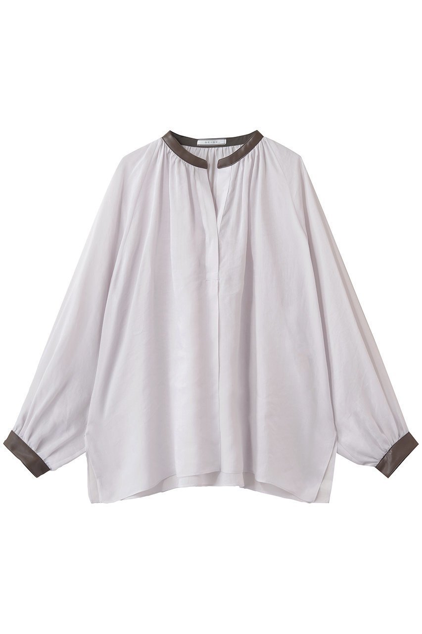 【ベイジ,/BEIGE,】のPAULINE / リネンヴィスコースフェイクレザー配色ブラウス インテリア・キッズ・メンズ・レディースファッション・服の通販 founy(ファニー) 　ファッション　Fashion　レディースファッション　Fashion for Women　トップス・カットソー　Cut & Sew Tops　シャツ・ブラウス・オフィスカジュアル　Elegant Blouses & Button-Ups　カフス　Cuff Design　ギャザー　Gathered, Ruffled　スリーブ　Sleeve, Long Sleeve / Short Sleeve　フェイクレザー　Faux Leather, PU Leather　ロング　Long, Long-Length　再入荷　Restock / Back in Stock　夏　Summer　春　Spring　S/S・春夏　SS, Spring/Summer, Warm Season　洗える　Machine Washable　Lilac|ID: prp329100004902082 ipo3291000000036684608