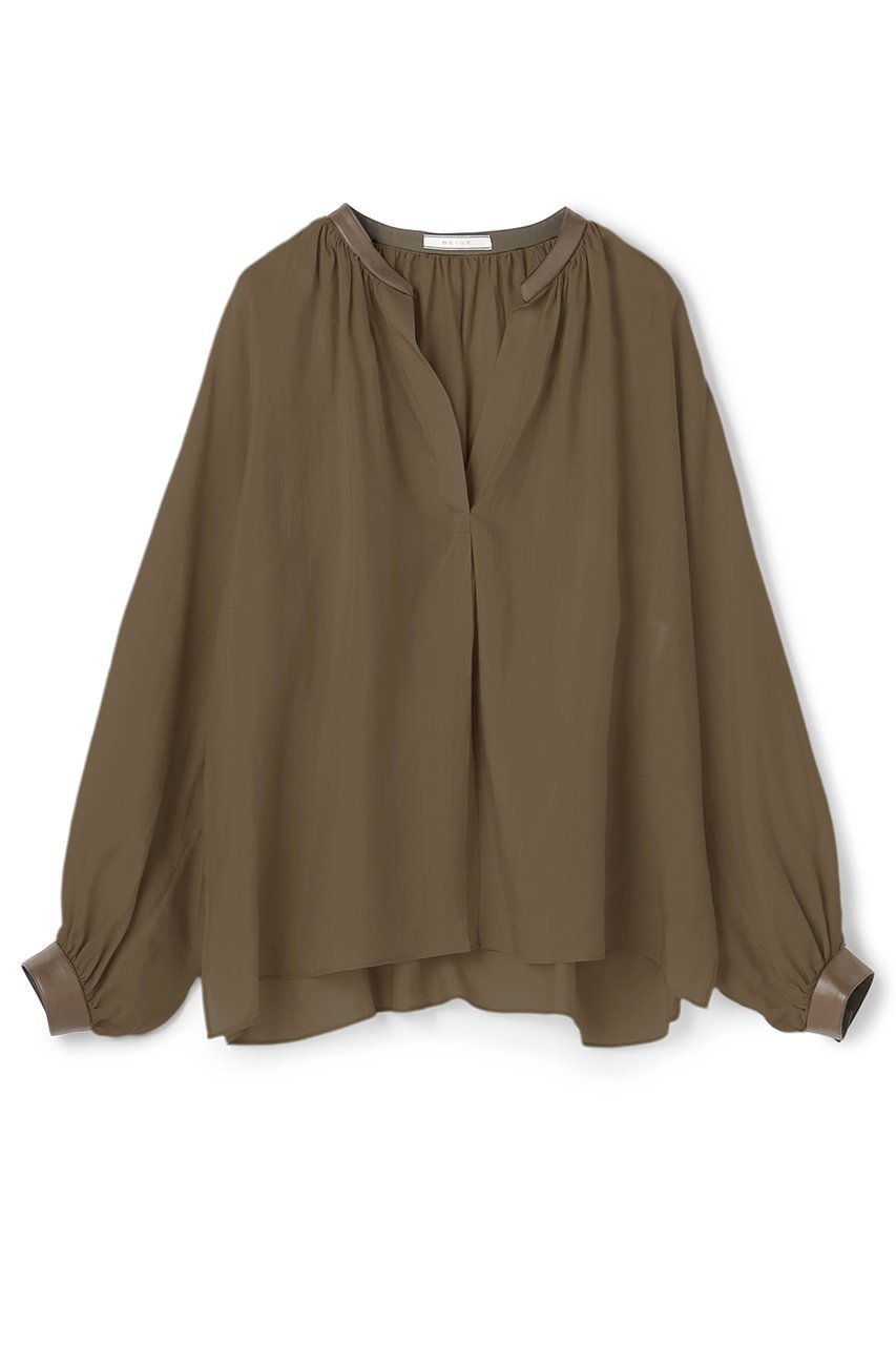 【ベイジ,/BEIGE,】のPAULINE / リネンヴィスコースフェイクレザー配色ブラウス インテリア・キッズ・メンズ・レディースファッション・服の通販 founy(ファニー) 　ファッション　Fashion　レディースファッション　Fashion for Women　トップス・カットソー　Cut & Sew Tops　シャツ・ブラウス・オフィスカジュアル　Elegant Blouses & Button-Ups　カフス　Cuff Design　ギャザー　Gathered, Ruffled　スリーブ　Sleeve, Long Sleeve / Short Sleeve　フェイクレザー　Faux Leather, PU Leather　ロング　Long, Long-Length　再入荷　Restock / Back in Stock　夏　Summer　春　Spring　S/S・春夏　SS, Spring/Summer, Warm Season　洗える　Machine Washable　Khaki|ID: prp329100004902082 ipo3291000000036684609