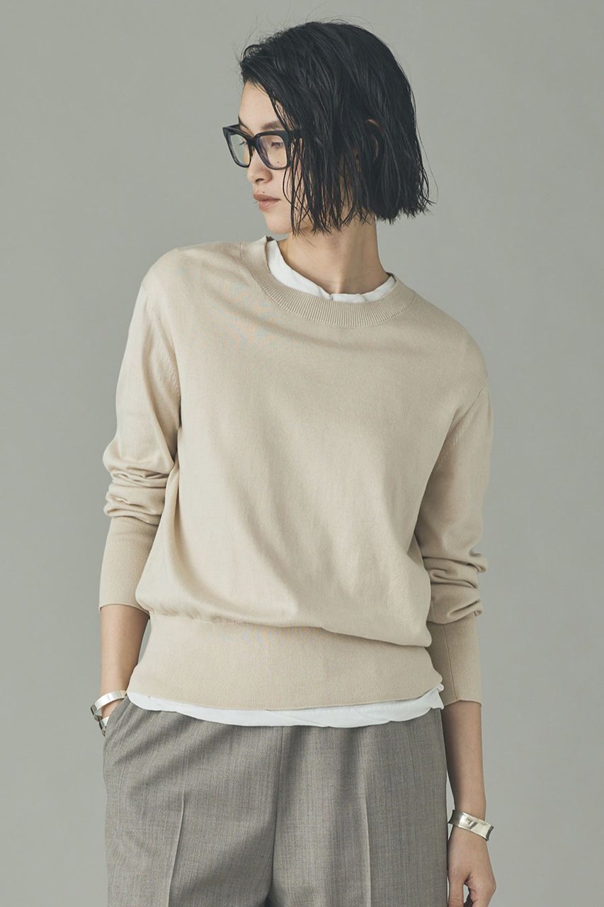 【カレンソロジー/Curensology】のファインコットンクルーネックプルオーバー インテリア・キッズ・メンズ・レディースファッション・服の通販 founy(ファニー) 　ファッション　Fashion　レディースファッション　Fashion for Women　トップス・カットソー　Cut & Sew Tops　ニット　Knit Tops & Sweaters　カジュアルプルオーバー・ニットトップス　Pullovers & Knit Tops / Casual Pullovers　なめらか　Smooth, Silky Texture　イタリア　Italy　シンプル　Simple, Minimal　スラックス　Slacks, Dress Pants　タートル　Turtleneck, Turtle Collar　デニム　Denim, Jeans Material　ロング　Long, Long-Length　ワイド　Wide, Wide Fit　エレガント 上品　Elegant　アイボリー|ID: prp329100004902144 ipo3291000000036685259