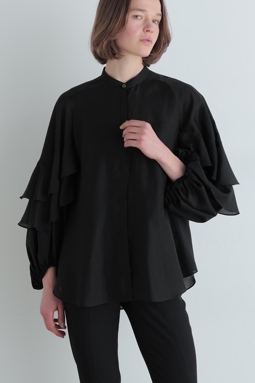 【ル フィル/LE PHIL】のスタンドカラーフリルブラウス 人気、トレンドファッション・服の通販 founy(ファニー) 　ファッション　Fashion　レディースファッション　Fashion for Women　トップス・カットソー　Cut & Sew Tops　シャツ・ブラウス・オフィスカジュアル　Elegant Blouses & Button-Ups　おすすめ　Recommended / Our Picks　オーガンジー　Organza Fabric　ギャザー　Gathered, Ruffled　スタンダード　Standard, Basic　スタンド　Stand Collar, Upright Stand　スリーブ　Sleeve, Long Sleeve / Short Sleeve　バランス　Balance, Style Balance　フェミニン　Feminine, Girly　フリル　Frill, Ruffle　ボトム　Bottoms, Lower Wear　ロング　Long, Long-Length　other-5|ID: prp329100004902172 ipo3291000000036685577