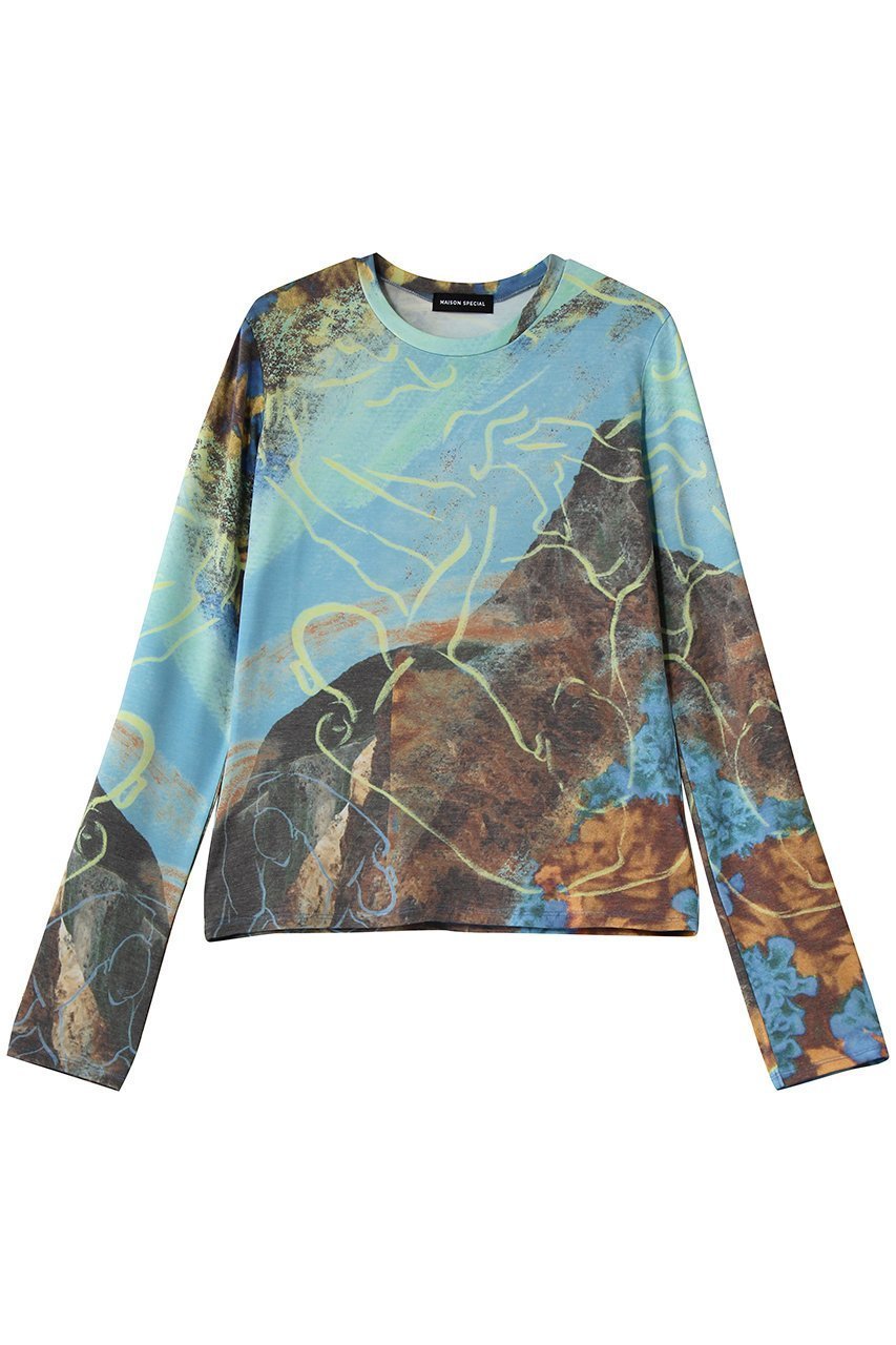 【メゾンスペシャル/MAISON SPECIAL】のImagination Print Tops/イマジネーションプリントトップス インテリア・キッズ・メンズ・レディースファッション・服の通販 founy(ファニー) ファッション Fashion レディースファッション Fashion for Women トップス・カットソー Cut & Sew Tops シャツ・ブラウス・オフィスカジュアル Elegant Blouses & Button-Ups ロングTシャツ・Tシャツ Longline T-Shirts & Tees カットソー・ベーシックTシャツ Cut-and-Sewn Tops / Stretch Tees & Basics スリーブ Sleeve, Long Sleeve / Short Sleeve プリント Print, Printed Pattern ロング Long, Long-Length 再入荷 Restock / Back in Stock BLU(ブルー)|ID: prp329100004902282 ipo3291000000036686749