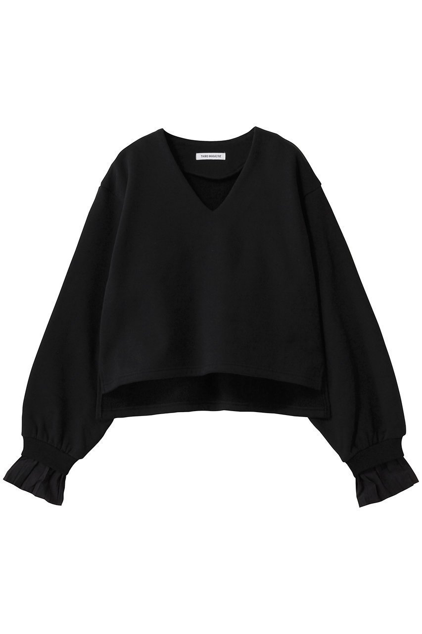 【サードマガジン/THIRD MAGAZINE】のプリーツスリーブVネックスウェット インテリア・キッズ・メンズ・レディースファッション・服の通販 founy(ファニー) 　ファッション　Fashion　レディースファッション　Fashion for Women　トップス・カットソー　Cut & Sew Tops　シャツ・ブラウス・オフィスカジュアル　Elegant Blouses & Button-Ups　レディースパーカー・カジュアルフーディー　Casual Hoodies & Sweatshirts　ロングTシャツ・Tシャツ　Longline T-Shirts & Tees　スウェット・クルーネックトップス　Sweatshirts & Crewnecks / Relaxed Fit Sweat Tops　カットソー・ベーシックTシャツ　Cut-and-Sewn Tops / Stretch Tees & Basics　Vネックトップス　V-Neck Tops / V-Cut Neckline Shirts　ショート　Short, Short Length　スウェット / スエット　Sweatshirt, Sweatwear　スリーブ　Sleeve, Long Sleeve / Short Sleeve　プリーツ　Pleats, Pleated　ボトム　Bottoms, Lower Wear　ブラック|ID: prp329100004902288 ipo3291000000036686824