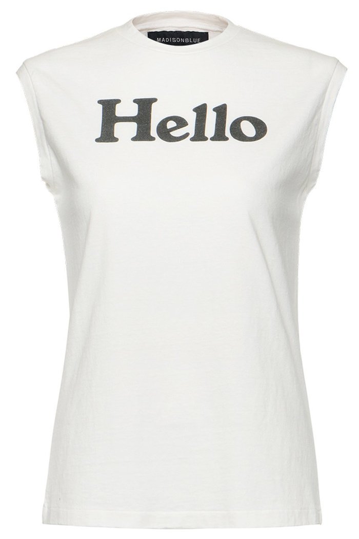 【マディソンブルー/MADISONBLUE】のHELLO NOSLEEVE TEE/HELLO ノースリーブ Tシャツ インテリア・キッズ・メンズ・レディースファッション・服の通販 founy(ファニー) https://founy.com/ ファッション Fashion レディースファッション Fashion for Women トップス・カットソー Cut & Sew Tops キャミソール&ノースリーブ Camisoles & Sleeveless Tops シャツ・ブラウス・オフィスカジュアル Elegant Blouses & Button-Ups ロングTシャツ・Tシャツ Longline T-Shirts & Tees カットソー・ベーシックTシャツ Cut-and-Sewn Tops / Stretch Tees & Basics インナー Innerwear キャミソール Camisole, Spaghetti Strap Top ジャケット Jacket, Outerwear タンク Tank Top, Sleeveless Top ノースリーブ Sleeveless, No-Sleeve プリント Print, Printed Pattern 夏 Summer 春 Spring S/S・春夏 SS, Spring/Summer, Warm Season |ID: prp329100004902498 ipo3291000000036689087