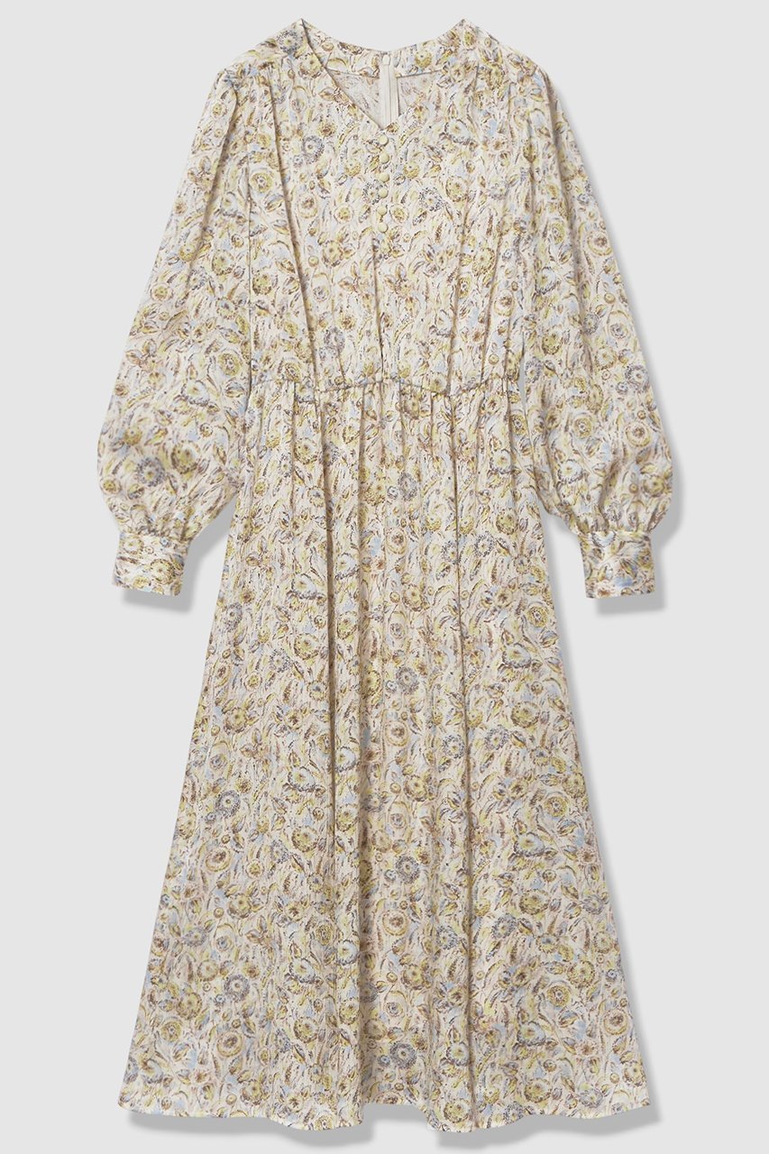 【アナイ/ANAYI】のぼかしフラワーフレア ワンピース インテリア・キッズ・メンズ・レディースファッション・服の通販 founy(ファウニー) 　ファッション　Fashion　レディースファッション　Fashion for Women　ワンピース　Dresses　チュニック　Tunic Tops & Dresses　なめらか　Smooth, Silky Texture　サテン　Satin, Glossy Fabric　ジャケット　Jacket, Outerwear　チュニック　Tunic, Long Top　フェミニン　Feminine, Girly　フラワー　Flower, Floral　フレア　Flare, Flared　フロント　Front, Front Design　プリント　Print, Printed Pattern　ロング　Long, Long-Length　エレガント 上品　Elegant　春　Spring　イエロー|ID: prp329100004902592 ipo3291000000036690076