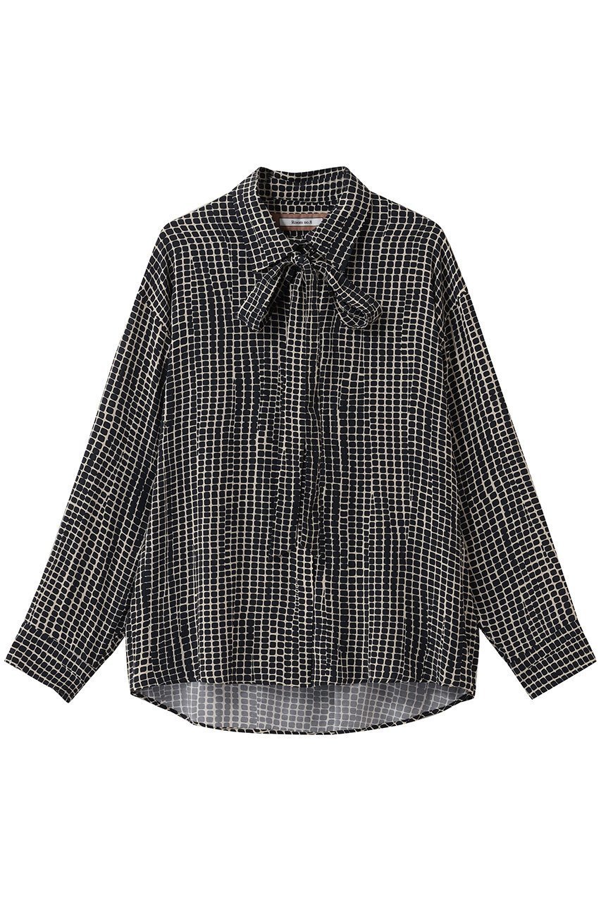 【ルームエイト/Room no.8】のRAYON PRINT リボン シャツ インテリア・キッズ・メンズ・レディースファッション・服の通販 founy(ファニー) 　ファッション　Fashion　レディースファッション　Fashion for Women　トップス・カットソー　Cut & Sew Tops　シャツ・ブラウス・オフィスカジュアル　Elegant Blouses & Button-Ups　スリーブ　Sleeve, Long Sleeve / Short Sleeve　タイトスカート　Pencil Skirt, Tight Skirt　マニッシュ　Mannish, Boyish　ラグジュアリー　Luxury, Elegant　リボン　Ribbon, Bow　ロング　Long, Long-Length　エレガント 上品　Elegant　ブロクブラック|ID: prp329100004902661 ipo3291000000036690824