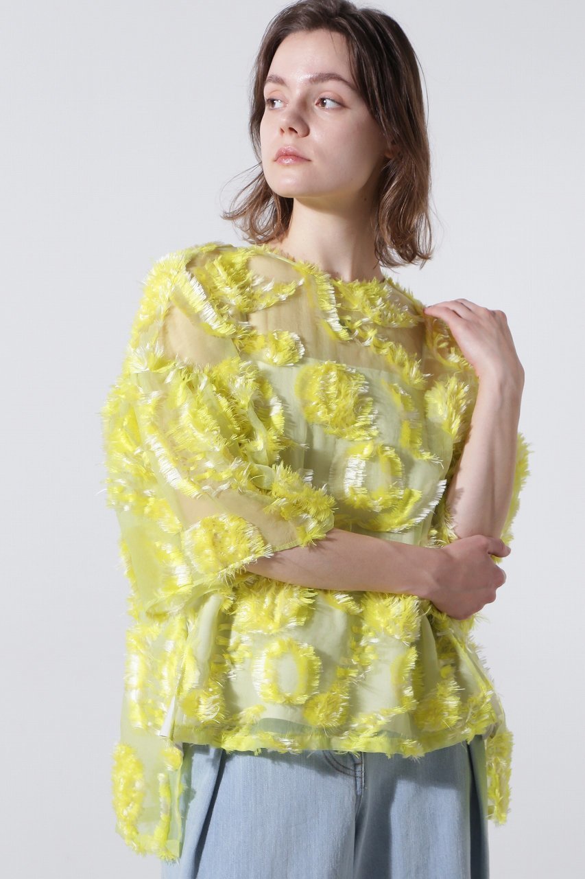 【ヒューエルミュージアム/hueLe Museum】の【hLM】シアーカットジャガードブラウス インテリア・キッズ・メンズ・レディースファッション・服の通販 founy(ファニー) ファッション Fashion レディースファッション Fashion for Women トップス・カットソー Cut & Sew Tops シャツ・ブラウス・オフィスカジュアル Elegant Blouses & Button-Ups エレガント 上品 Elegant オーガンジー Organza Fabric ショート Short, Short Length シンプル Simple, Minimal スリーブ Sleeve, Long Sleeve / Short Sleeve モチーフ Motif, Design Theme リボン Ribbon, Bow イエロー|ID: prp329100004902753 ipo3291000000036691630