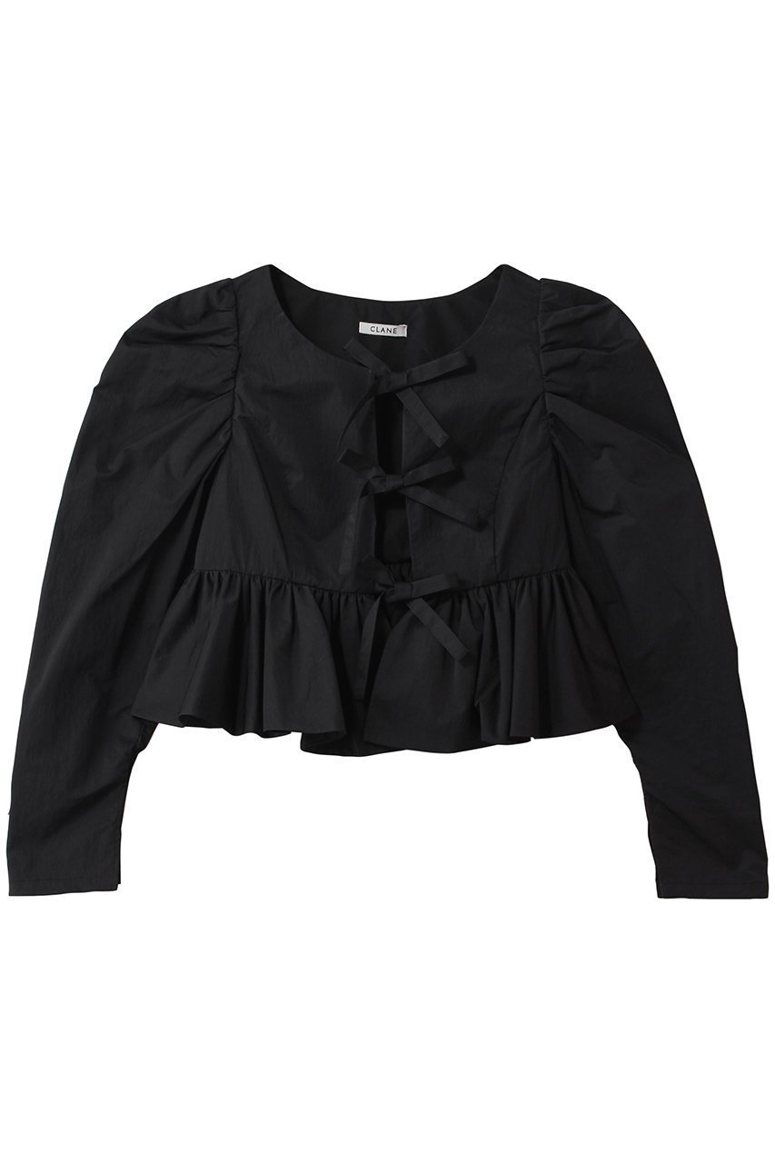 【クラネ/CLANE】のSHORT PEPLUM RIBBON TOPS シャツ/ブラウス インテリア・キッズ・メンズ・レディースファッション・服の通販 founy(ファニー) 　ファッション　Fashion　レディースファッション　Fashion for Women　トップス・カットソー　Cut & Sew Tops　シャツ・ブラウス・オフィスカジュアル　Elegant Blouses & Button-Ups　コンパクト　Compact, Small Size　スリーブ　Sleeve, Long Sleeve / Short Sleeve　フェミニン　Feminine, Girly　フロント　Front, Front Design　プリーツ　Pleats, Pleated　マニッシュ　Mannish, Boyish　モダン　Modern, Contemporary　リボン　Ribbon, Bow　ロング　Long, Long-Length　BLACK|ID: prp329100004903430 ipo3291000000036700103