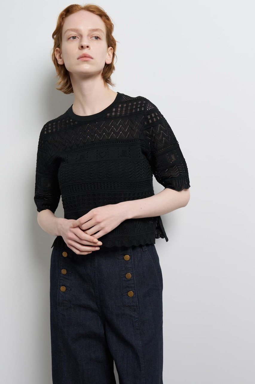 【ランバン オン ブルー/LANVIN en Bleu】のレースハーフスリーブニット 人気、トレンドファッション・服の通販 founy(ファニー) 　ファッション　Fashion　レディースファッション　Fashion for Women　トップス・カットソー　Cut & Sew Tops　ニット　Knit Tops & Sweaters　カジュアルプルオーバー・ニットトップス　Pullovers & Knit Tops / Casual Pullovers　カーディガン　Cardigan, Knitwear　コンパクト　Compact, Small Size　バランス　Balance, Style Balance　パターン　Pattern, Design Print　レース　Lace, Lace Fabric　エレガント 上品　Elegant　新作・新入荷　New Arrivals / New In　other-8|ID: prp329100004903463 ipo3291000000036700478