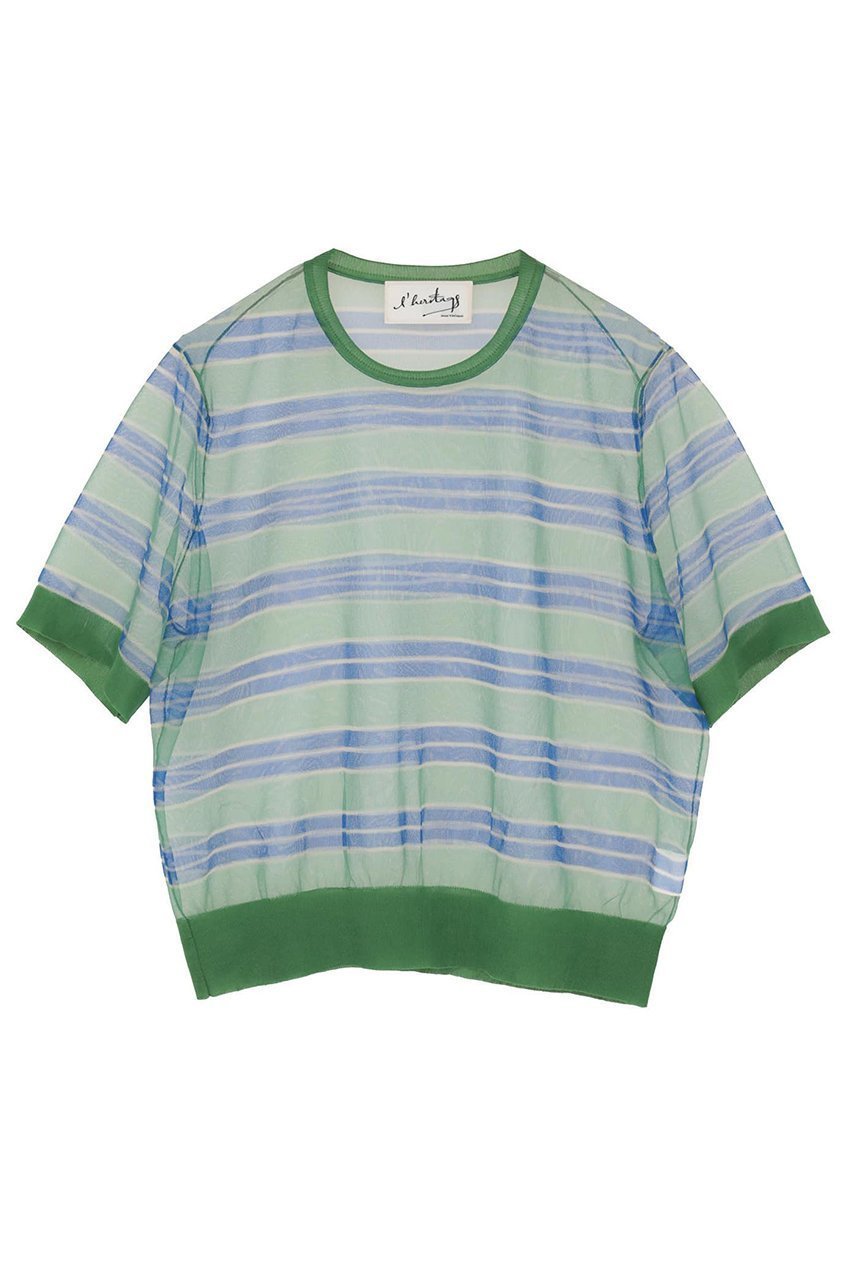 【マルティニーク/martinique】の【l heritage martinique】シアーボーダープルオーバー インテリア・キッズ・メンズ・レディースファッション・服の通販 founy(ファニー) 　ファッション　Fashion　レディースファッション　Fashion for Women　トップス・カットソー　Cut & Sew Tops　ニット　Knit Tops & Sweaters　カジュアルプルオーバー・ニットトップス　Pullovers & Knit Tops / Casual Pullovers　おすすめ　Recommended / Our Picks　インナー　Innerwear　シアー　Sheer, See-Through　ストライプ　Stripe, Striped Pattern　チェック　Check, Plaid, Tartan　パターン　Pattern, Design Print　ベーシック　Basic, Essential　ボーダー　Border, Stripe　エレガント 上品　Elegant　半袖　Short Sleeve, Half Sleeve　新作・新入荷　New Arrivals / New In　グリーン|ID: prp329100004903676 ipo3291000000036702972