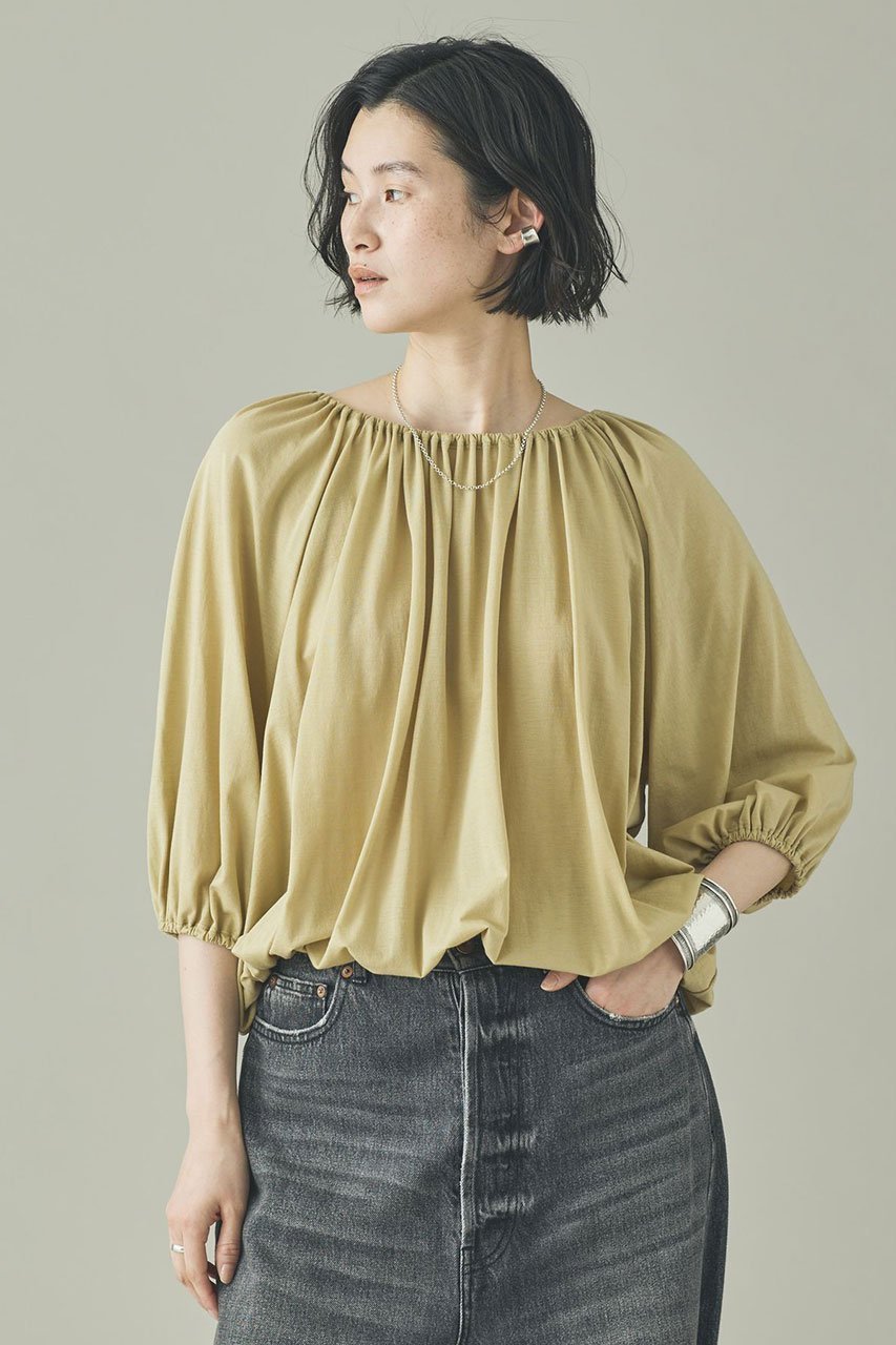 【カレンソロジー/Curensology】のソフトテンジクギャザープルオーバー インテリア・キッズ・メンズ・レディースファッション・服の通販 founy(ファニー) 　ファッション　Fashion　レディースファッション　Fashion for Women　トップス・カットソー　Cut & Sew Tops　シャツ・ブラウス・オフィスカジュアル　Elegant Blouses & Button-Ups　ロングTシャツ・Tシャツ　Longline T-Shirts & Tees　カジュアルプルオーバー・ニットトップス　Pullovers & Knit Tops / Casual Pullovers　カットソー・ベーシックTシャツ　Cut-and-Sewn Tops / Stretch Tees & Basics　なめらか　Smooth, Silky Texture　ギャザー　Gathered, Ruffled　シアー　Sheer, See-Through　スリーブ　Sleeve, Long Sleeve / Short Sleeve　ロング　Long, Long-Length　夏　Summer　新作・新入荷　New Arrivals / New In　イエロー|ID: prp329100004903830 ipo3291000000036704367