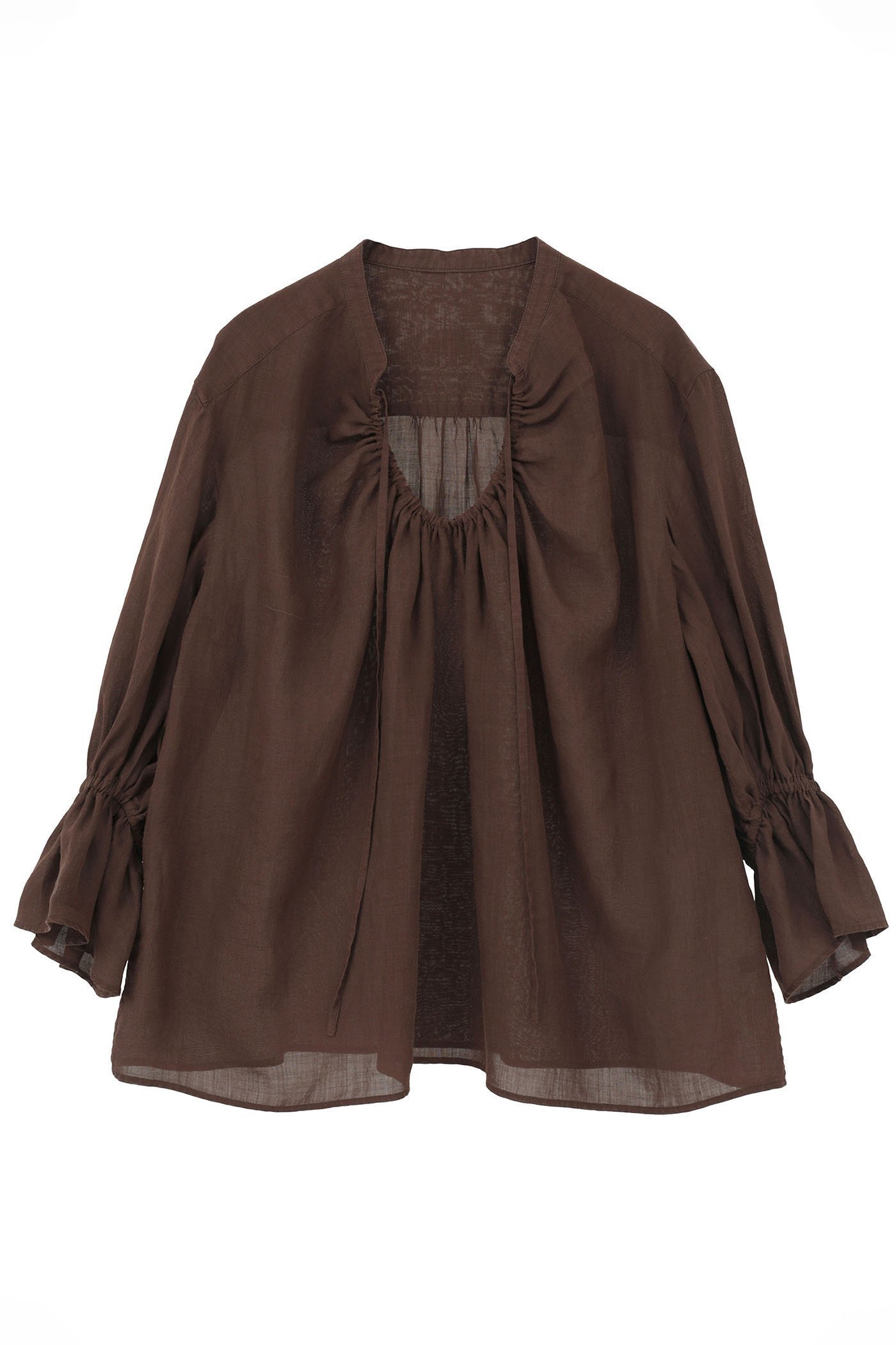 【マルティニーク/martinique】のラミーネックギャザーブラウス インテリア・キッズ・メンズ・レディースファッション・服の通販 founy(ファニー) 　ファッション　Fashion　レディースファッション　Fashion for Women　トップス・カットソー　Cut & Sew Tops　シャツ・ブラウス・オフィスカジュアル　Elegant Blouses & Button-Ups　おすすめ　Recommended / Our Picks　ギャザー　Gathered, Ruffled　ショート　Short, Short Length　スタンド　Stand Collar, Upright Stand　スリーブ　Sleeve, Long Sleeve / Short Sleeve　バランス　Balance, Style Balance　フレア　Flare, Flared　ロング　Long, Long-Length　ワイド　Wide, Wide Fit　エレガント 上品　Elegant　今季　This Season, Current Season　新作・新入荷　New Arrivals / New In　ブラウン|ID: prp329100004903891 ipo3291000000036704878