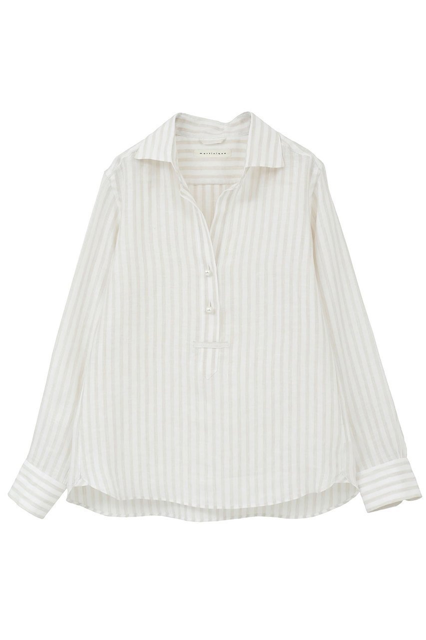 【マルティニーク/martinique】のリネンパールスキッパーシャツ インテリア・キッズ・メンズ・レディースファッション・服の通販 founy(ファニー) 　ファッション　Fashion　レディースファッション　Fashion for Women　トップス・カットソー　Cut & Sew Tops　シャツ・ブラウス・オフィスカジュアル　Elegant Blouses & Button-Ups　おすすめ　Recommended / Our Picks　スキッパー　Skipper, Open Collar　スリーブ　Sleeve, Long Sleeve / Short Sleeve　パール　Pearl, Pearl Accent　リネン　Linen, Linen Fabric　ロング　Long, Long-Length　夏　Summer　定番　Standard, Basic Item　新作・新入荷　New Arrivals / New In　ストライプ|ID: prp329100004903897 ipo3291000000036704915