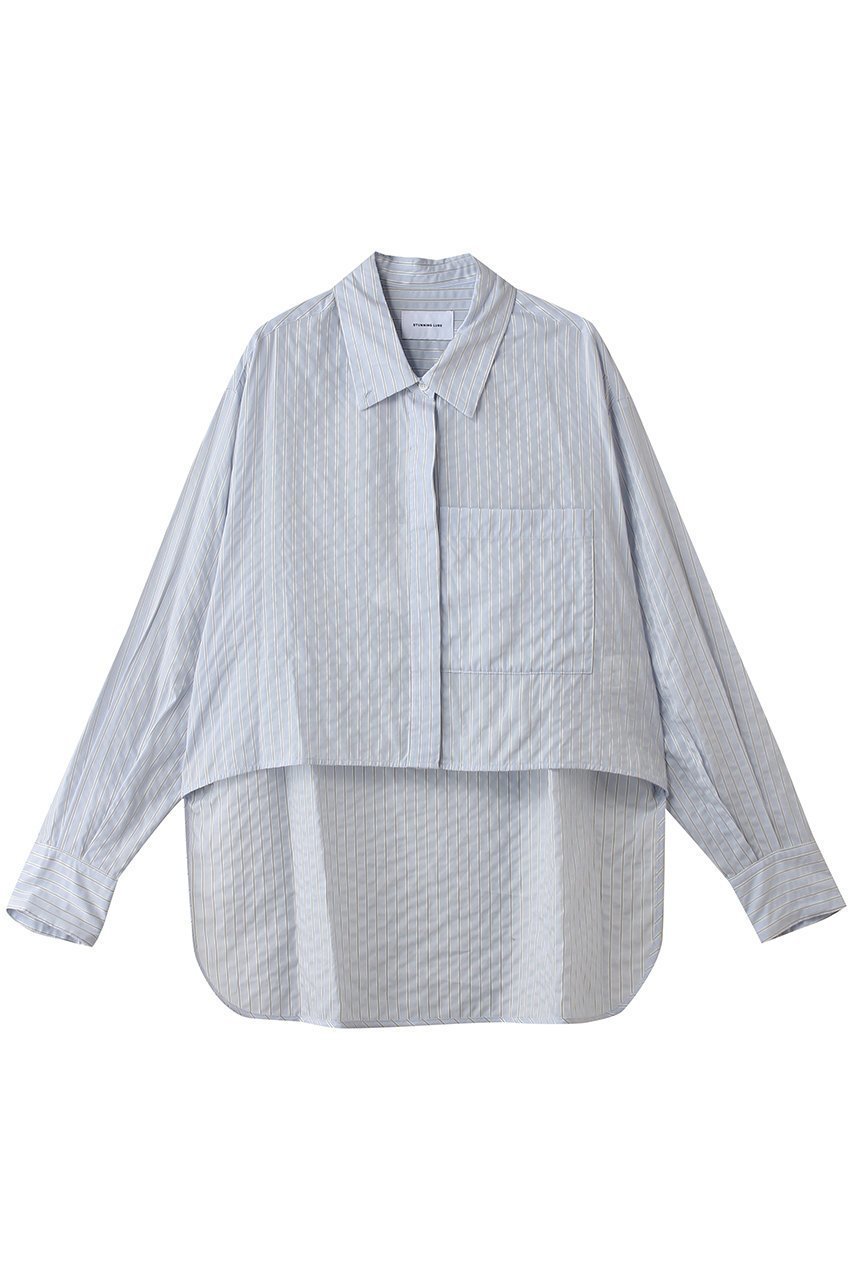 【スタニングルアー/STUNNING LURE】のストライプシャツ インテリア・キッズ・メンズ・レディースファッション・服の通販 founy(ファニー) 　ファッション　Fashion　レディースファッション　Fashion for Women　トップス・カットソー　Cut & Sew Tops　シャツ・ブラウス・オフィスカジュアル　Elegant Blouses & Button-Ups　なめらか　Smooth, Silky Texture　シンプル　Simple, Minimal　ストライプ　Stripe, Striped Pattern　スリーブ　Sleeve, Long Sleeve / Short Sleeve　ハイネック　High Neck, Mock Neck　バランス　Balance, Style Balance　フロント　Front, Front Design　モダン　Modern, Contemporary　ロング　Long, Long-Length　ワイド　Wide, Wide Fit　エレガント 上品　Elegant　ライトブルー|ID: prp329100004904692 ipo3291000000036714325