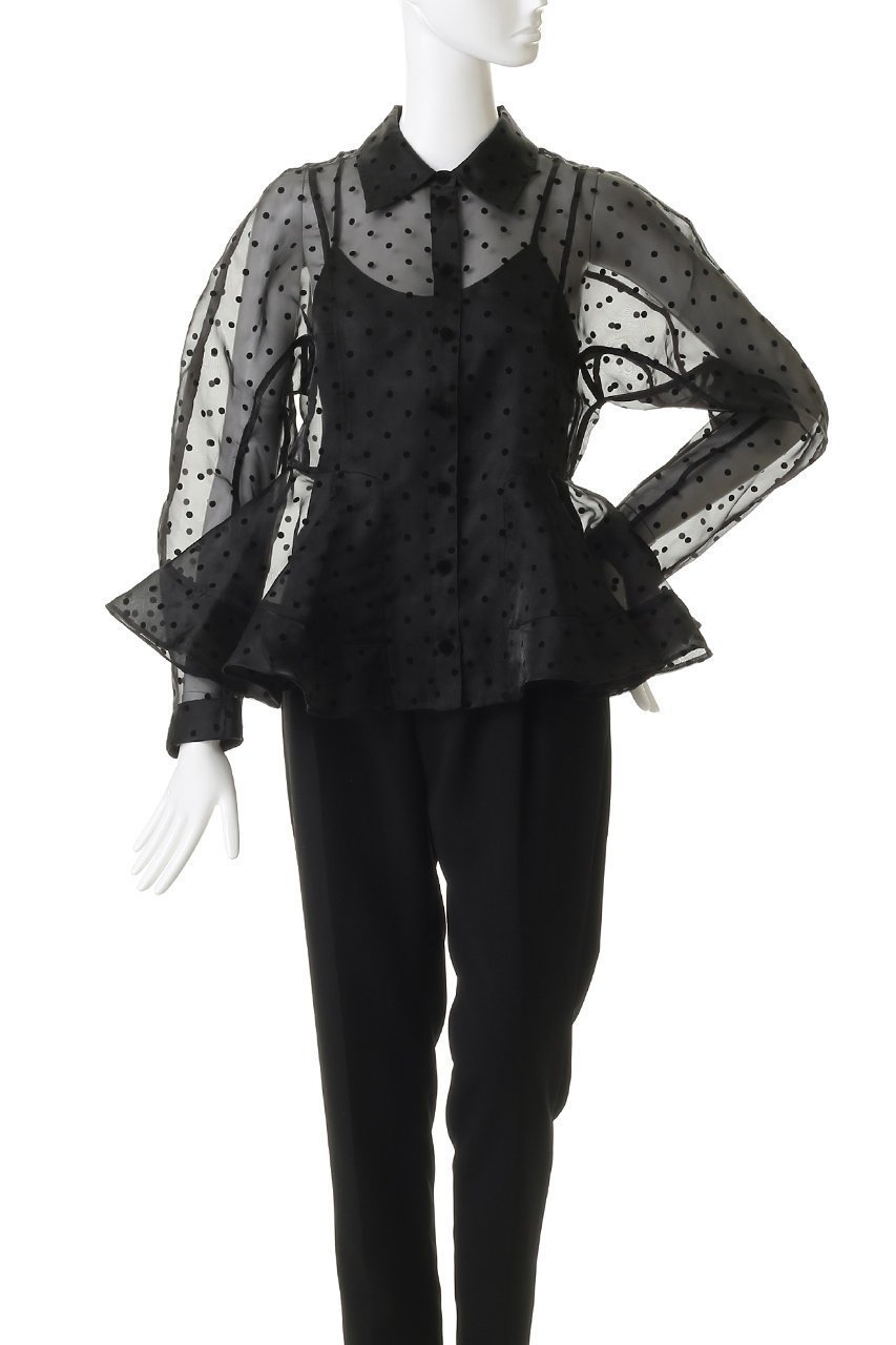 【ガニー/GANNI】のFlocked Organza ペプラム ドットシャツ 人気、トレンドファッション・服の通販 founy(ファニー) 　ファッション　Fashion　レディースファッション　Fashion for Women　トップス・カットソー　Cut & Sew Tops　シャツ・ブラウス・オフィスカジュアル　Elegant Blouses & Button-Ups　インナー　Innerwear　オケージョン　Occasion Wear　シアー　Sheer, See-Through　スリーブ　Sleeve, Long Sleeve / Short Sleeve　トレンド　Trend, Trending Now　ドット　Polka Dot, Dot Pattern　パーティ　Party, Party Style　フェミニン　Feminine, Girly　ペプラム　Peplum, Flared Hem　ロング　Long, Long-Length　other-2|ID: prp329100004904725 ipo3291000000036714714