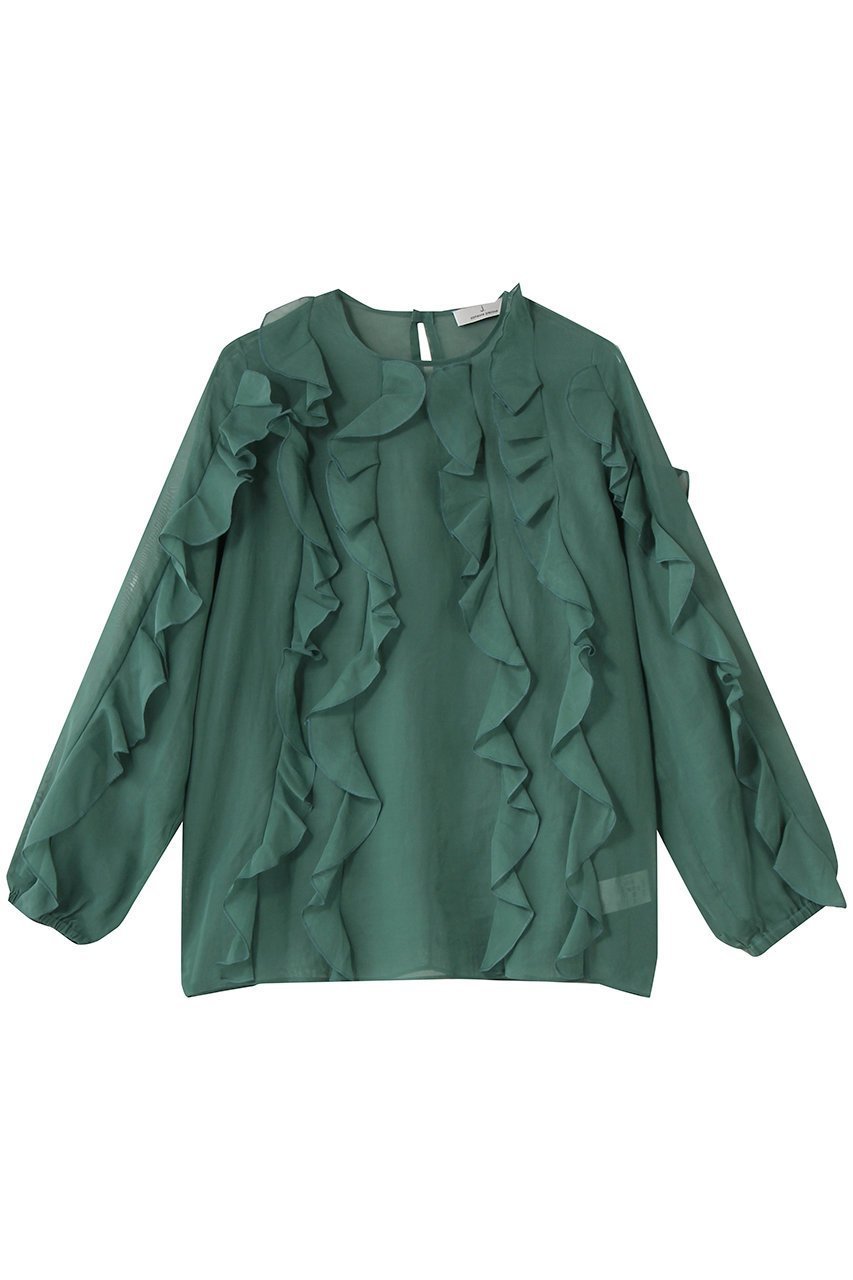 【ジェイドット/j.】の強撚オーガンジー フリルブラウス インテリア・キッズ・メンズ・レディースファッション・服の通販 founy(ファニー) 　ファッション　Fashion　レディースファッション　Fashion for Women　トップス・カットソー　Cut & Sew Tops　シャツ・ブラウス・オフィスカジュアル　Elegant Blouses & Button-Ups　アシンメトリー　Asymmetrical Style　オーガンジー　Organza Fabric　スリーブ　Sleeve, Long Sleeve / Short Sleeve　フリル　Frill, Ruffle　ロング　Long, Long-Length　グリーン|ID: prp329100004904733 ipo3291000000036714786