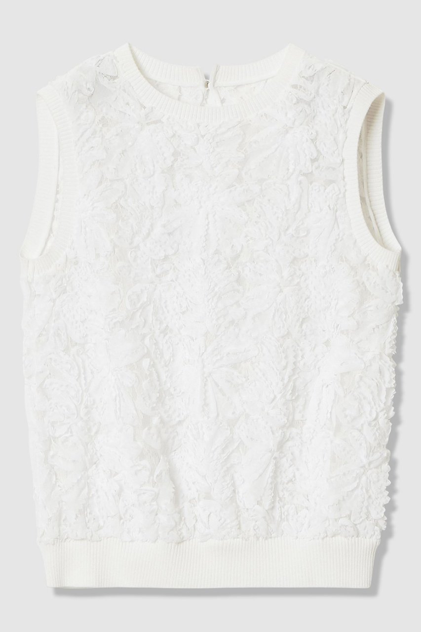 【アナイ/ANAYI】のテープエンブロイダリーリブ ブラウス インテリア・キッズ・メンズ・レディースファッション・服の通販 founy(ファニー) 　ファッション　Fashion　レディースファッション　Fashion for Women　トップス・カットソー　Cut & Sew Tops　キャミソール&ノースリーブ　Camisoles & Sleeveless Tops　シャツ・ブラウス・オフィスカジュアル　Elegant Blouses & Button-Ups　シフォン　Chiffon, Lightweight Fabric　シンプル　Simple, Minimal　ノースリーブ　Sleeveless, No-Sleeve　フェザー　Feather, Feather Detail　フラワー　Flower, Floral　モチーフ　Motif, Design Theme　リブニット　Rib Knit, Ribbed Knit　リュクス　Luxury, Elegant, High-End, Chic　レース　Lace, Lace Fabric　エレガント 上品　Elegant　ホワイト|ID: prp329100004904737 ipo3291000000036714824