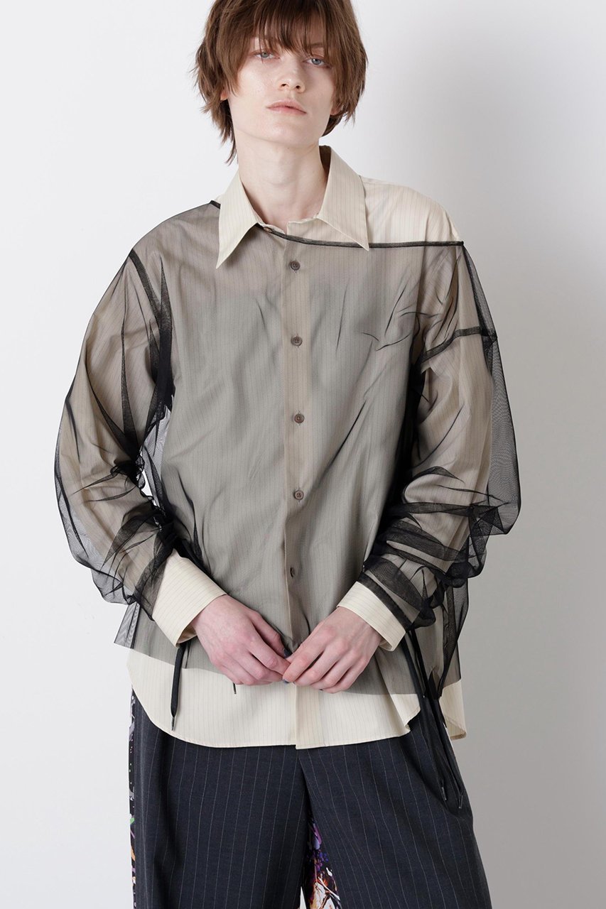 【ヒューエルミュージアム/hueLe Museum】の【STUMBLY】Sheer Organdy Combi Shirts インテリア・キッズ・メンズ・レディースファッション・服の通販 founy(ファニー) 　ファッション　Fashion　レディースファッション　Fashion for Women　トップス・カットソー　Cut & Sew Tops　シャツ・ブラウス・オフィスカジュアル　Elegant Blouses & Button-Ups　スピンドル　Spindle, Drawcord　スリーブ　Sleeve, Long Sleeve / Short Sleeve　チュール　Tulip, Tulip Motif　ドレス　Dress, One-Piece　マニッシュ　Mannish, Boyish　メンズ　Men's, Menswear　ロング　Long, Long-Length　ベージュ|ID: prp329100004905192 ipo3291000000036719429