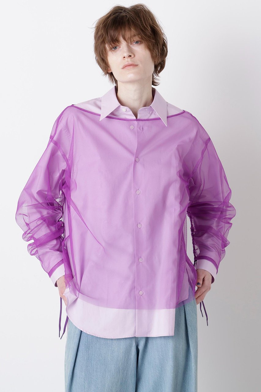 【ヒューエルミュージアム/hueLe Museum】の【STUMBLY】Sheer Organdy Combi Shirts インテリア・キッズ・メンズ・レディースファッション・服の通販 founy(ファニー) 　ファッション　Fashion　レディースファッション　Fashion for Women　トップス・カットソー　Cut & Sew Tops　シャツ・ブラウス・オフィスカジュアル　Elegant Blouses & Button-Ups　スピンドル　Spindle, Drawcord　スリーブ　Sleeve, Long Sleeve / Short Sleeve　チュール　Tulip, Tulip Motif　ドレス　Dress, One-Piece　マニッシュ　Mannish, Boyish　メンズ　Men's, Menswear　ロング　Long, Long-Length　パープル|ID: prp329100004905192 ipo3291000000036719430