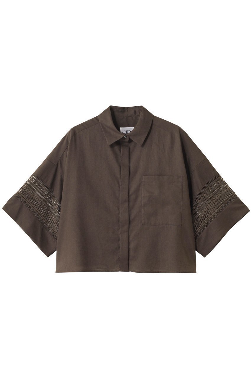 【ハー/HER.】のレースコンビショートシャツ インテリア・キッズ・メンズ・レディースファッション・服の通販 founy(ファニー) 　ファッション　Fashion　レディースファッション　Fashion for Women　トップス・カットソー　Cut & Sew Tops　シャツ・ブラウス・オフィスカジュアル　Elegant Blouses & Button-Ups　ショート　Short, Short Length　スリーブ　Sleeve, Long Sleeve / Short Sleeve　リネン　Linen, Linen Fabric　レース　Lace, Lace Fabric　ワイド　Wide, Wide Fit　ブラウン|ID: prp329100004905321 ipo3291000000036720595