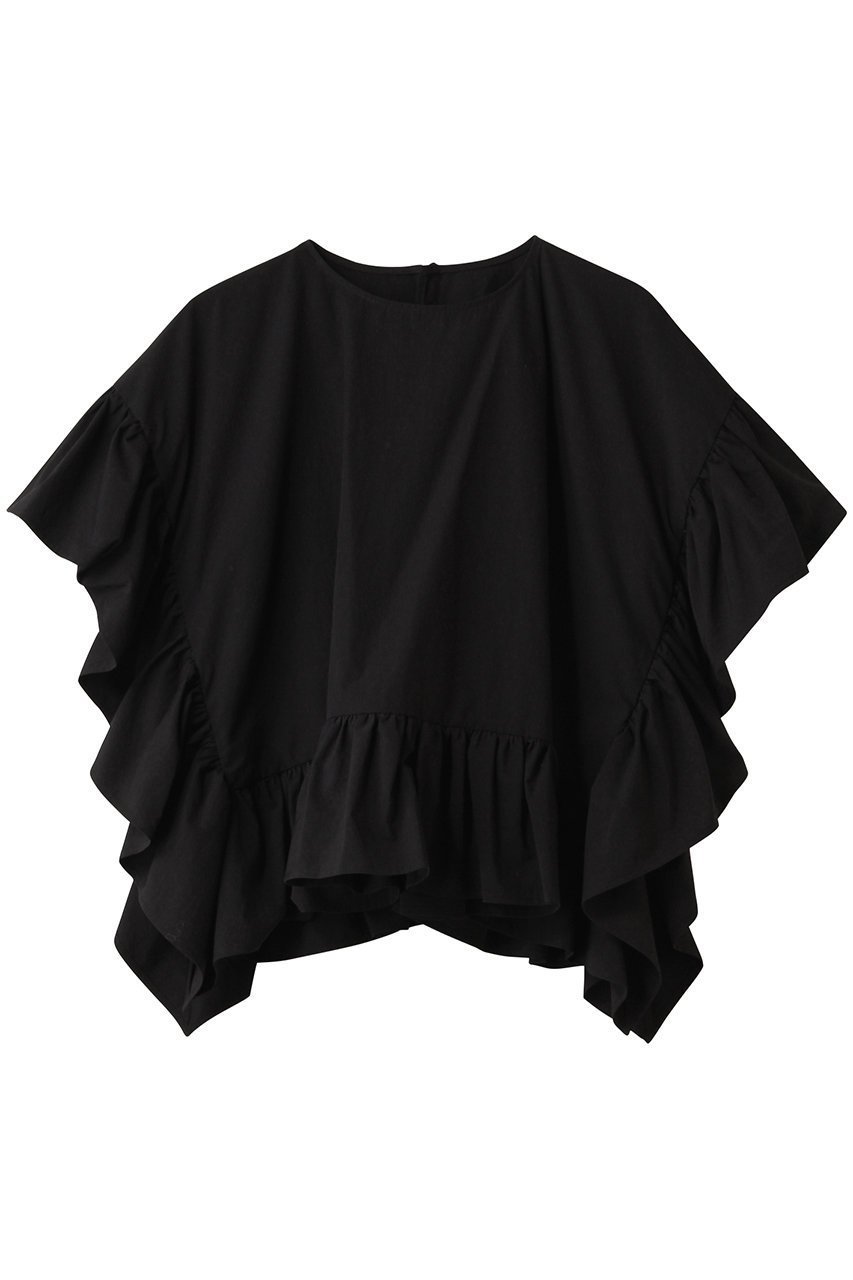 【デザイン ワークス/DESIGN WORKS】のBEAUVET ヘムラッフルポンチブラウス インテリア・キッズ・メンズ・レディースファッション・服の通販 founy(ファニー) 　ファッション　Fashion　レディースファッション　Fashion for Women　トップス・カットソー　Cut & Sew Tops　シャツ・ブラウス・オフィスカジュアル　Elegant Blouses & Button-Ups　ショート　Short, Short Length　スリーブ　Sleeve, Long Sleeve / Short Sleeve　パターン　Pattern, Design Print　ブラック|ID: prp329100004905335 ipo3291000000036720719