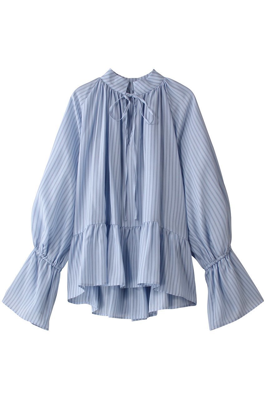 【メゾンスペシャル/MAISON SPECIAL】のShirring Volume Blouse/シャーリングボリュームブラウス インテリア・キッズ・メンズ・レディースファッション・服の通販 founy(ファニー) 　ファッション　Fashion　レディースファッション　Fashion for Women　トップス・カットソー　Cut & Sew Tops　シャツ・ブラウス・オフィスカジュアル　Elegant Blouses & Button-Ups　シャーリング　Shirring, Ruched　シンプル　Simple, Minimal　スカーフ　Scarf, Neckwear　ストライプ　Stripe, Striped Pattern　スリーブ　Sleeve, Long Sleeve / Short Sleeve　リボン　Ribbon, Bow　ロング　Long, Long-Length　エレガント 上品　Elegant　BLU(ブルー)|ID: prp329100004905554 ipo3291000000036722693