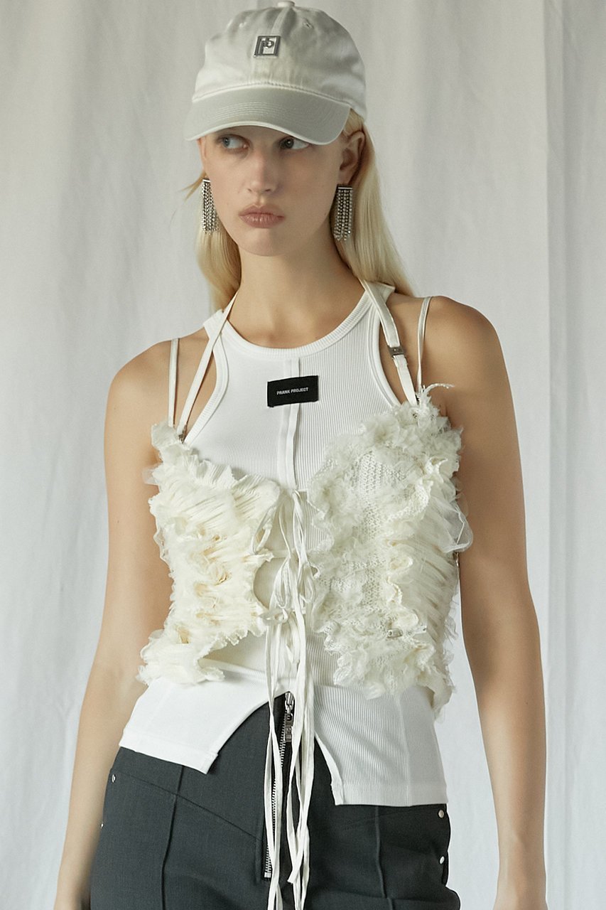 【プランク プロジェクト/PRANK PROJECT】のメッシュチュールホルタートップ / Mesh Tulle Halter Top 人気、トレンドファッション・服の通販 founy(ファニー) 　ファッション　Fashion　レディースファッション　Fashion for Women　トップス・カットソー　Cut & Sew Tops　キャミソール&ノースリーブ　Camisoles & Sleeveless Tops　シャツ・ブラウス・オフィスカジュアル　Elegant Blouses & Button-Ups　おすすめ　Recommended / Our Picks　キャミ　Camisole, Cami Top　ジャケット　Jacket, Outerwear　ストレッチ　Stretch, Stretchy Fabric　チュール　Tulip, Tulip Motif　ノースリーブ　Sleeveless, No-Sleeve　フリル　Frill, Ruffle　マニッシュ　Mannish, Boyish　夏　Summer　other-7|ID: prp329100004905565 ipo3291000000036722808