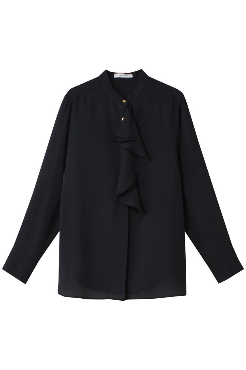 【ベイジ,/BEIGE,】のSTOW(ストー)/バンドカラーフリルブラウス インテリア・キッズ・メンズ・レディースファッション・服の通販 founy(ファニー) 　ファッション　Fashion　レディースファッション　Fashion for Women　トップス・カットソー　Cut & Sew Tops　シャツ・ブラウス・オフィスカジュアル　Elegant Blouses & Button-Ups　なめらか　Smooth, Silky Texture　ジャケット　Jacket, Outerwear　ジョーゼット　Georgette, Semi-Sheer Fabric　スリーブ　Sleeve, Long Sleeve / Short Sleeve　フリル　Frill, Ruffle　ロング　Long, Long-Length　人気　Popular, Best Seller　今季　This Season, Current Season　定番　Standard, Basic Item　Navy|ID: prp329100004905656 ipo3291000000036723765