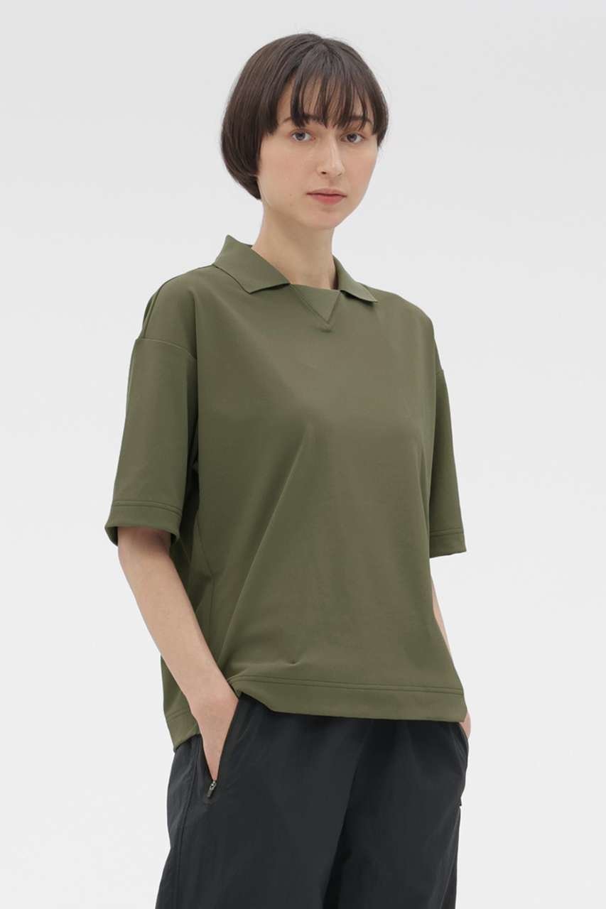 【マーガレットハウエル/MARGARET HOWELL】のHIGHDENCE MESH JERSEY TOP インテリア・キッズ・メンズ・レディースファッション・服の通販 founy(ファニー) 　ファッション　Fashion　レディースファッション　Fashion for Women　トップス・カットソー　Cut & Sew Tops　シャツ・ブラウス・オフィスカジュアル　Elegant Blouses & Button-Ups　ロングTシャツ・Tシャツ　Longline T-Shirts & Tees　カットソー・ベーシックTシャツ　Cut-and-Sewn Tops / Stretch Tees & Basics　コレクション　Collection, Seasonal Line　ショート　Short, Short Length　スポーティ　Sporty, Casual Athletic　スリーブ　Sleeve, Long Sleeve / Short Sleeve　フロント　Front, Front Design　ポロシャツ　Polo Shirt, Collared Tee　マーガレット　Marguerite, Daisy Pattern　リラックス　Relax, Relaxed Fit　夏　Summer　新作・新入荷　New Arrivals / New In　カーキ|ID: prp329100004906080 ipo3291000000036730965