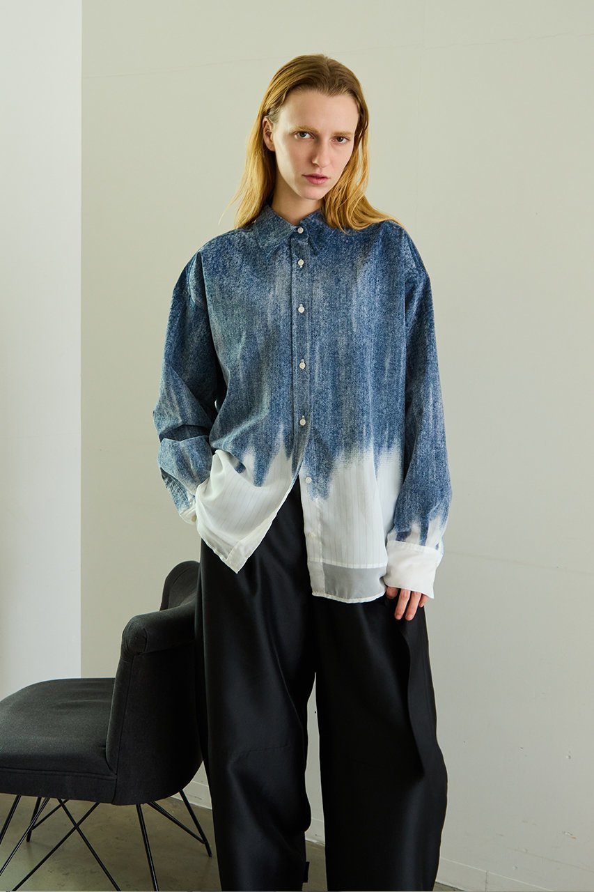 【メゾンスペシャル/MAISON SPECIAL】のFlocky Denim Shirt/フロッキーデニムシャツ 人気、トレンドファッション・服の通販 founy(ファニー) 　ファッション　Fashion　レディースファッション　Fashion for Women　トップス・カットソー　Cut & Sew Tops　シャツ・ブラウス・オフィスカジュアル　Elegant Blouses & Button-Ups　おすすめ　Recommended / Our Picks　クール　Cool, Chic　グラデーション　Gradient, Ombre　ストライプ　Stripe, Striped Pattern　スリーブ　Sleeve, Long Sleeve / Short Sleeve　セットアップ　Set-Up, Coordinated Outfit　デニム　Denim, Jeans Material　ロング　Long, Long-Length　other-7|ID: prp329100004906249 ipo3291000000036734778