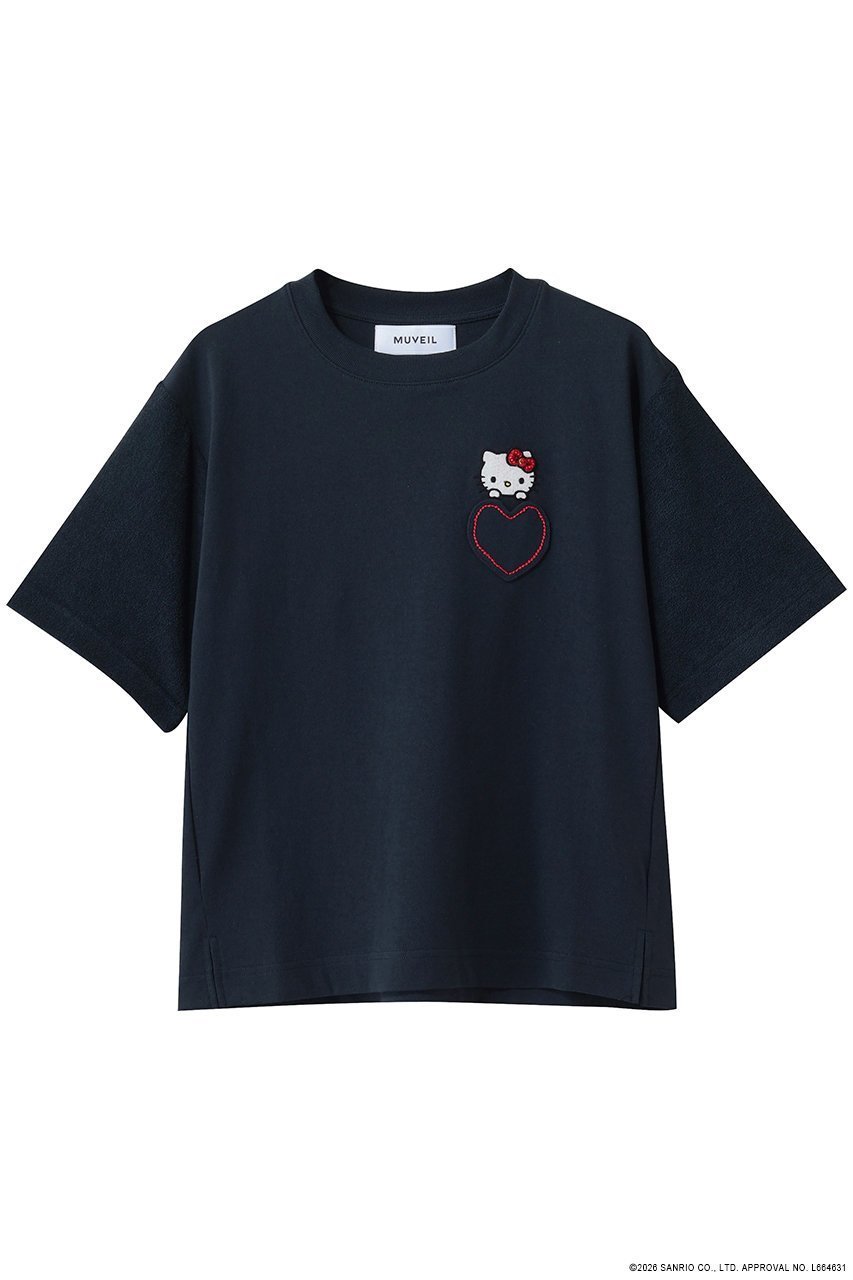 【ミュベール/MUVEIL】のサンリオキャラクターズコラボ ハローキティ Tシャツ インテリア・キッズ・メンズ・レディースファッション・服の通販 founy(ファニー) 　ファッション　Fashion　レディースファッション　Fashion for Women　トップス・カットソー　Cut & Sew Tops　シャツ・ブラウス・オフィスカジュアル　Elegant Blouses & Button-Ups　ロングTシャツ・Tシャツ　Longline T-Shirts & Tees　カットソー・ベーシックTシャツ　Cut-and-Sewn Tops / Stretch Tees & Basics　ショート　Short, Short Length　スパンコール　Sequins, Sequin Embellishment　スリーブ　Sleeve, Long Sleeve / Short Sleeve　フェルト　Felt, Felt Fabric　ポケット　Pocket, Pocket Detail　リボン　Ribbon, Bow　ワンポイント　One Point, Statement Accent　再入荷　Restock / Back in Stock　ネイビー|ID: prp329100004906302 ipo3291000000036735211