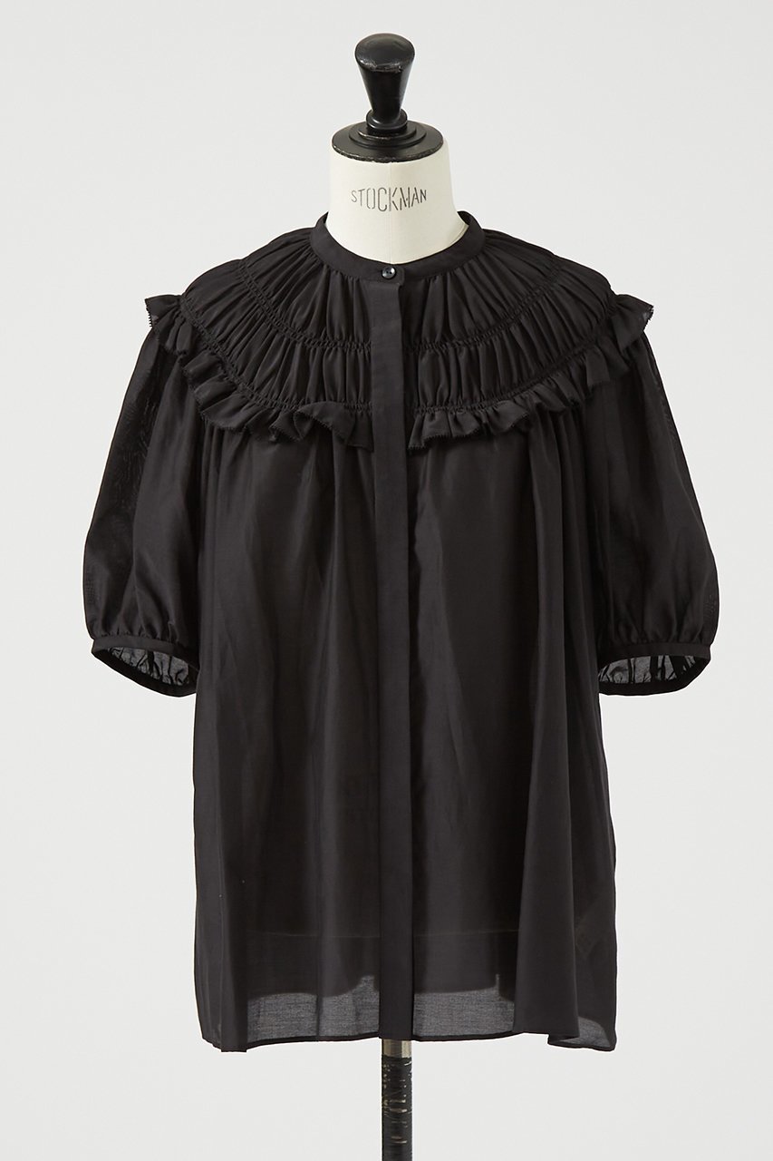 【デザイン ワークス/DESIGN WORKS】のコットンシルクローンシャーリングシャツ インテリア・キッズ・メンズ・レディースファッション・服の通販 founy(ファニー) 　ファッション　Fashion　レディースファッション　Fashion for Women　トップス・カットソー　Cut & Sew Tops　シャツ・ブラウス・オフィスカジュアル　Elegant Blouses & Button-Ups　エアリー　Airy Texture　ギャザー　Gathered, Ruffled　シャーリング　Shirring, Ruched　ショート　Short, Short Length　シルク　Silk, 100% Silk　スリーブ　Sleeve, Long Sleeve / Short Sleeve　バランス　Balance, Style Balance　フェミニン　Feminine, Girly　マニッシュ　Mannish, Boyish　エレガント 上品　Elegant　ブラック|ID: prp329100004906690 ipo3291000000036738272