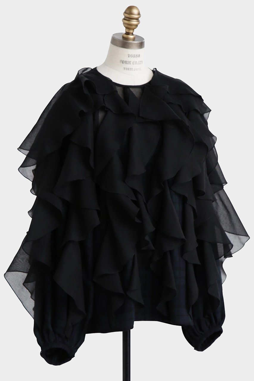 【ヒューエルミュージアム/hueLe Museum】の【STUMBLY】Sheer Combination Pattern Blouse 人気、トレンドファッション・服の通販 founy(ファニー) 　ファッション　Fashion　レディースファッション　Fashion for Women　トップス・カットソー　Cut & Sew Tops　シャツ・ブラウス・オフィスカジュアル　Elegant Blouses & Button-Ups　オーガンジー　Organza Fabric　シアー　Sheer, See-Through　スリーブ　Sleeve, Long Sleeve / Short Sleeve　チェック　Check, Plaid, Tartan　プリント　Print, Printed Pattern　ラッフル　Ruffle, Frill　ロング　Long, Long-Length　エレガント 上品　Elegant　無地　Plain, Solid Color　軽量　Lightweight, Ultra Light　other-2|ID: prp329100004906705 ipo3291000000036738409