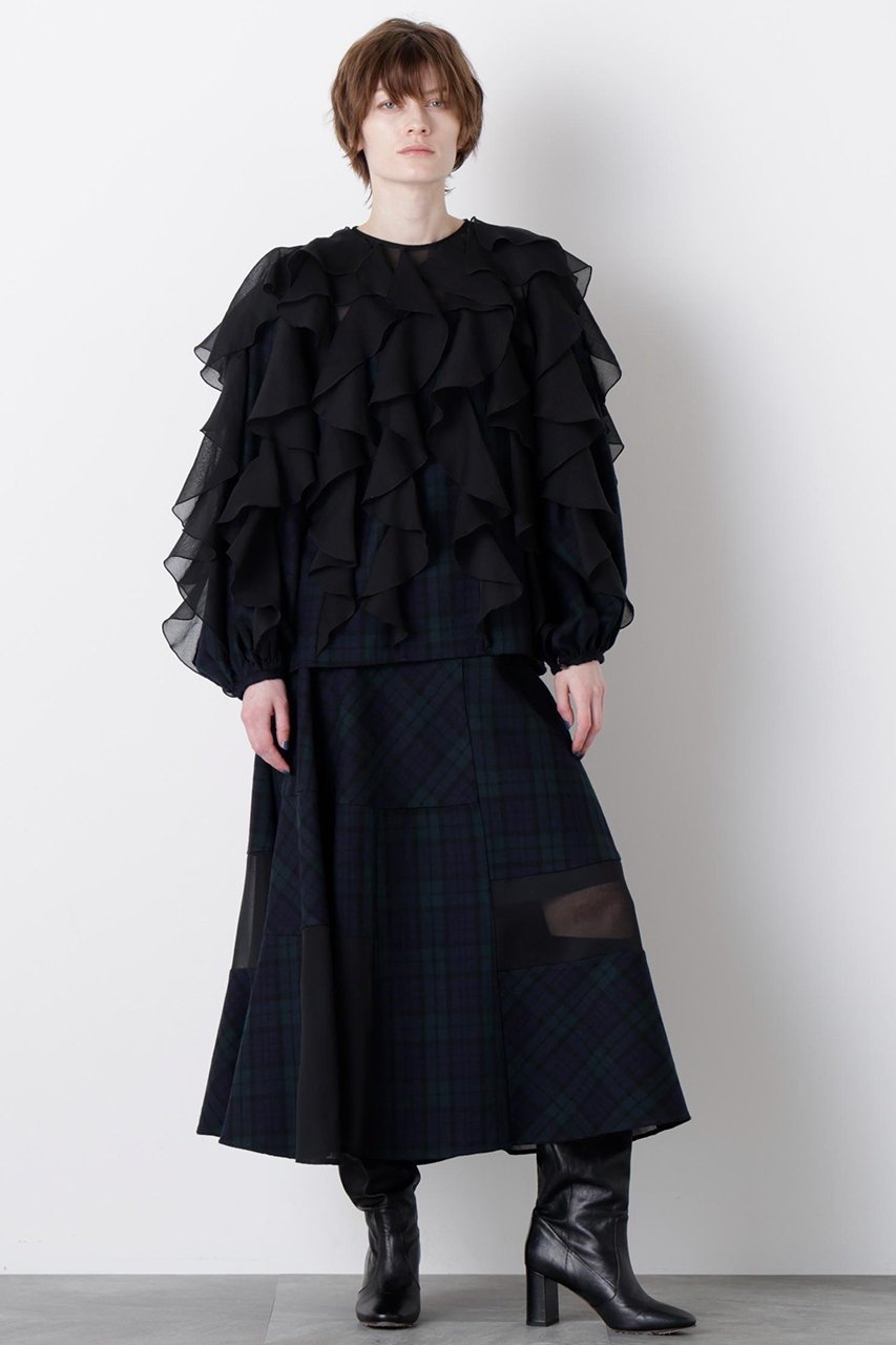 【ヒューエルミュージアム/hueLe Museum】の【STUMBLY】Sheer Combination Pattern Blouse 人気、トレンドファッション・服の通販 founy(ファニー) 　ファッション　Fashion　レディースファッション　Fashion for Women　トップス・カットソー　Cut & Sew Tops　シャツ・ブラウス・オフィスカジュアル　Elegant Blouses & Button-Ups　オーガンジー　Organza Fabric　シアー　Sheer, See-Through　スリーブ　Sleeve, Long Sleeve / Short Sleeve　チェック　Check, Plaid, Tartan　プリント　Print, Printed Pattern　ラッフル　Ruffle, Frill　ロング　Long, Long-Length　エレガント 上品　Elegant　無地　Plain, Solid Color　軽量　Lightweight, Ultra Light　other-3|ID: prp329100004906705 ipo3291000000036738410