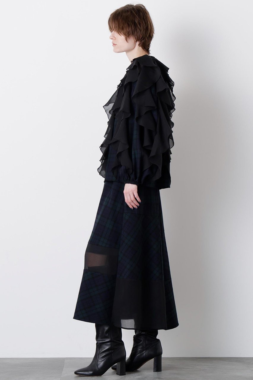 【ヒューエルミュージアム/hueLe Museum】の【STUMBLY】Sheer Combination Pattern Blouse 人気、トレンドファッション・服の通販 founy(ファニー) 　ファッション　Fashion　レディースファッション　Fashion for Women　トップス・カットソー　Cut & Sew Tops　シャツ・ブラウス・オフィスカジュアル　Elegant Blouses & Button-Ups　オーガンジー　Organza Fabric　シアー　Sheer, See-Through　スリーブ　Sleeve, Long Sleeve / Short Sleeve　チェック　Check, Plaid, Tartan　プリント　Print, Printed Pattern　ラッフル　Ruffle, Frill　ロング　Long, Long-Length　エレガント 上品　Elegant　無地　Plain, Solid Color　軽量　Lightweight, Ultra Light　other-4|ID: prp329100004906705 ipo3291000000036738411