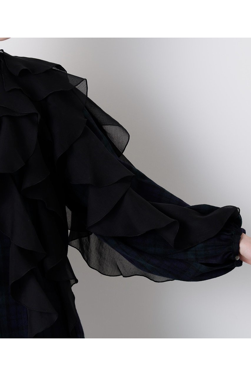 【ヒューエルミュージアム/hueLe Museum】の【STUMBLY】Sheer Combination Pattern Blouse 人気、トレンドファッション・服の通販 founy(ファニー) 　ファッション　Fashion　レディースファッション　Fashion for Women　トップス・カットソー　Cut & Sew Tops　シャツ・ブラウス・オフィスカジュアル　Elegant Blouses & Button-Ups　オーガンジー　Organza Fabric　シアー　Sheer, See-Through　スリーブ　Sleeve, Long Sleeve / Short Sleeve　チェック　Check, Plaid, Tartan　プリント　Print, Printed Pattern　ラッフル　Ruffle, Frill　ロング　Long, Long-Length　エレガント 上品　Elegant　無地　Plain, Solid Color　軽量　Lightweight, Ultra Light　other-8|ID: prp329100004906705 ipo3291000000036738415