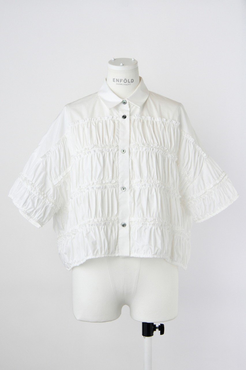 【エンフォルド/ENFOLD】のTIERED GATHER SHIRT/シャツ インテリア・キッズ・メンズ・レディースファッション・服の通販 founy(ファニー) ファッション Fashion レディースファッション Fashion for Women トップス・カットソー Cut & Sew Tops シャツ・ブラウス・オフィスカジュアル Elegant Blouses & Button-Ups ギャザー Gathered, Ruffled ショート Short, Short Length スリーブ Sleeve, Long Sleeve / Short Sleeve フェミニン Feminine, Girly ボーダー Border, Stripe ワイド Wide, Wide Fit ホワイト|ID: prp329100004906712 ipo3291000000036738460