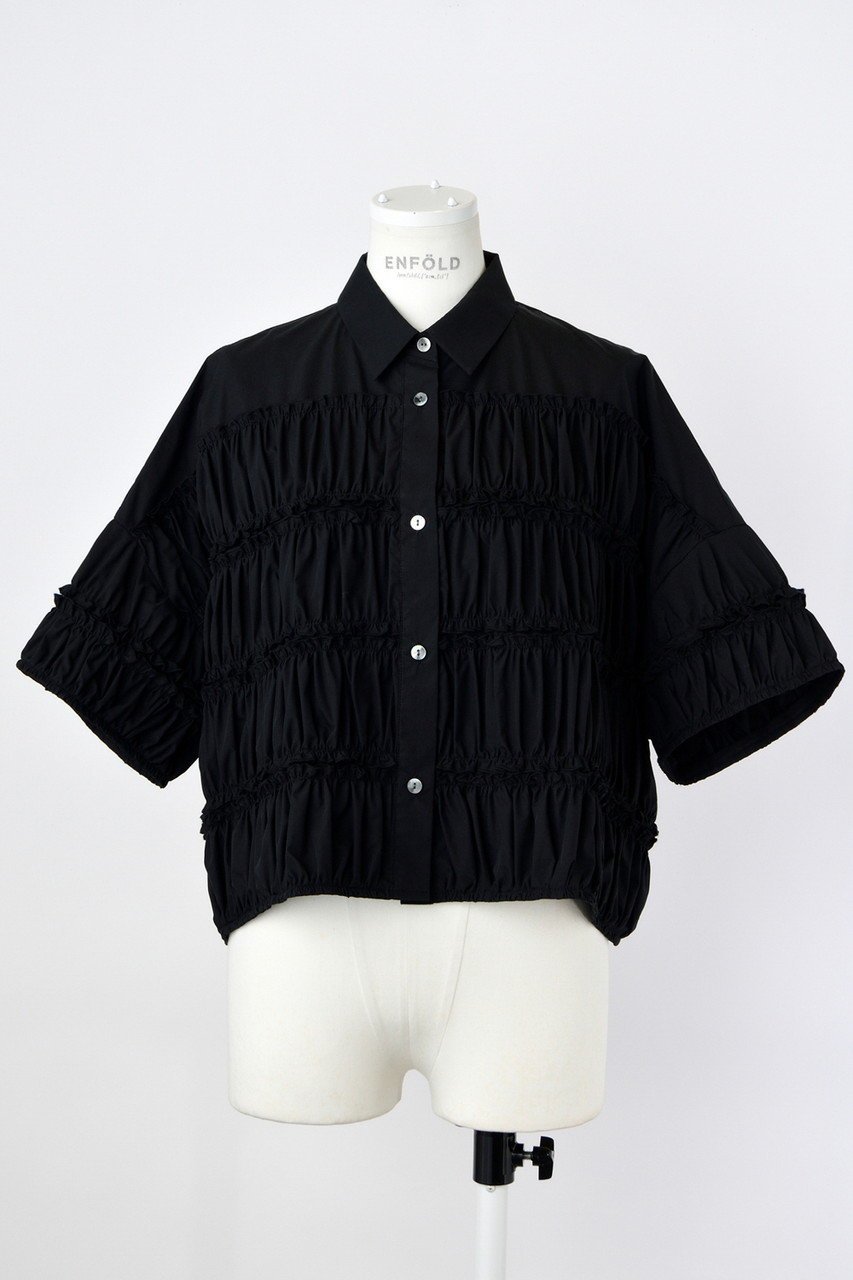 【エンフォルド/ENFOLD】のTIERED GATHER SHIRT/シャツ インテリア・キッズ・メンズ・レディースファッション・服の通販 founy(ファニー) ファッション Fashion レディースファッション Fashion for Women トップス・カットソー Cut & Sew Tops シャツ・ブラウス・オフィスカジュアル Elegant Blouses & Button-Ups ギャザー Gathered, Ruffled ショート Short, Short Length スリーブ Sleeve, Long Sleeve / Short Sleeve フェミニン Feminine, Girly ボーダー Border, Stripe ワイド Wide, Wide Fit ブラック|ID: prp329100004906712 ipo3291000000036738461