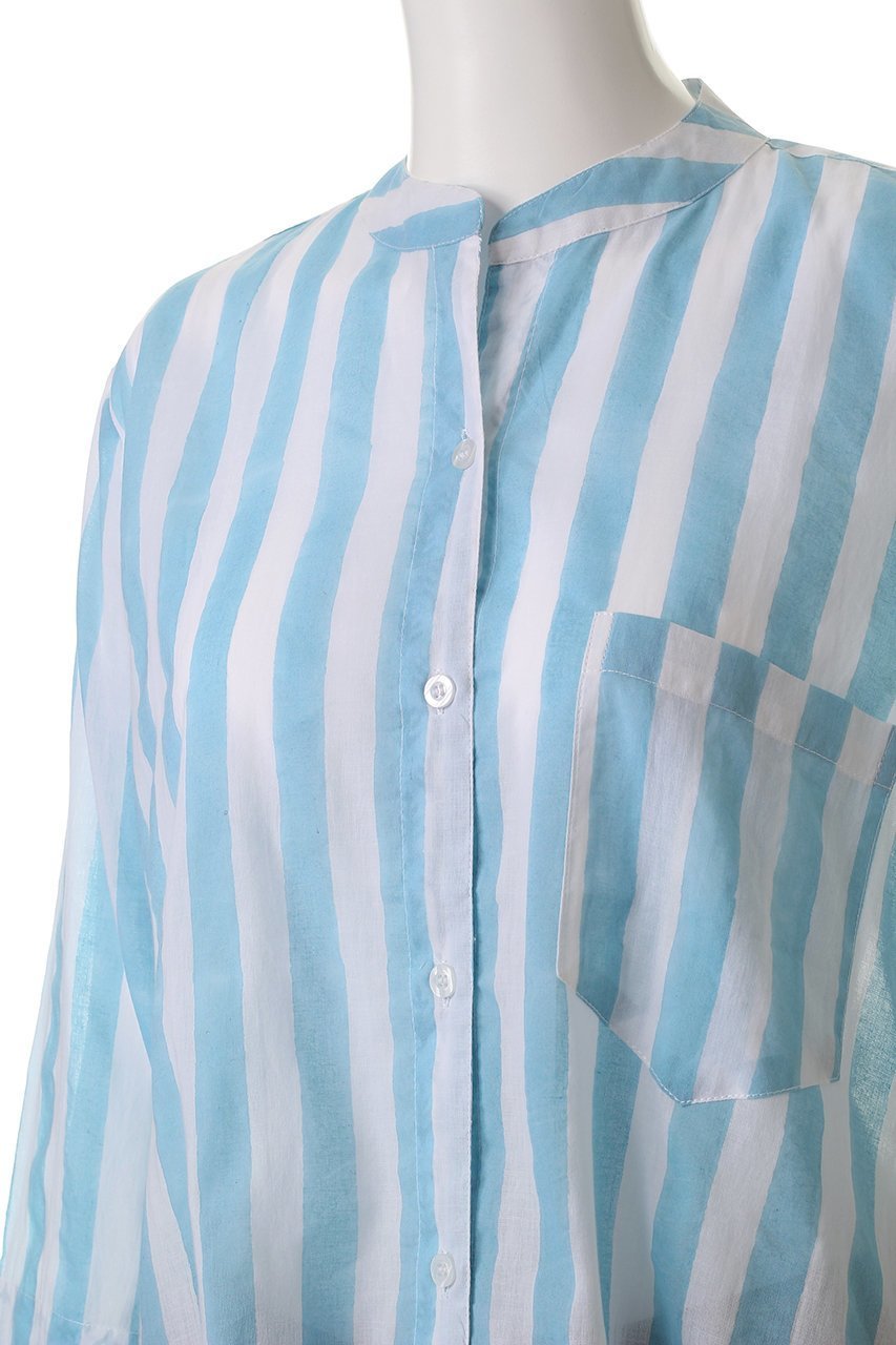【エスゼット ブロックプリント/SZ Blockprints】のGURU TOP THICK STRIPE ノーカラーシャツ 人気、トレンドファッション・服の通販 founy(ファニー) 　ファッション　Fashion　レディースファッション　Fashion for Women　トップス・カットソー　Cut & Sew Tops　シャツ・ブラウス・オフィスカジュアル　Elegant Blouses & Button-Ups　ストライプ　Stripe, Striped Pattern　スリーブ　Sleeve, Long Sleeve / Short Sleeve　センター　Center, Center Line　デニム　Denim, Jeans Material　フレア　Flare, Flared　ボトム　Bottoms, Lower Wear　ロング　Long, Long-Length　ワイド　Wide, Wide Fit　定番　Standard, Basic Item　春　Spring　other-5|ID: prp329100004906733 ipo3291000000036738628