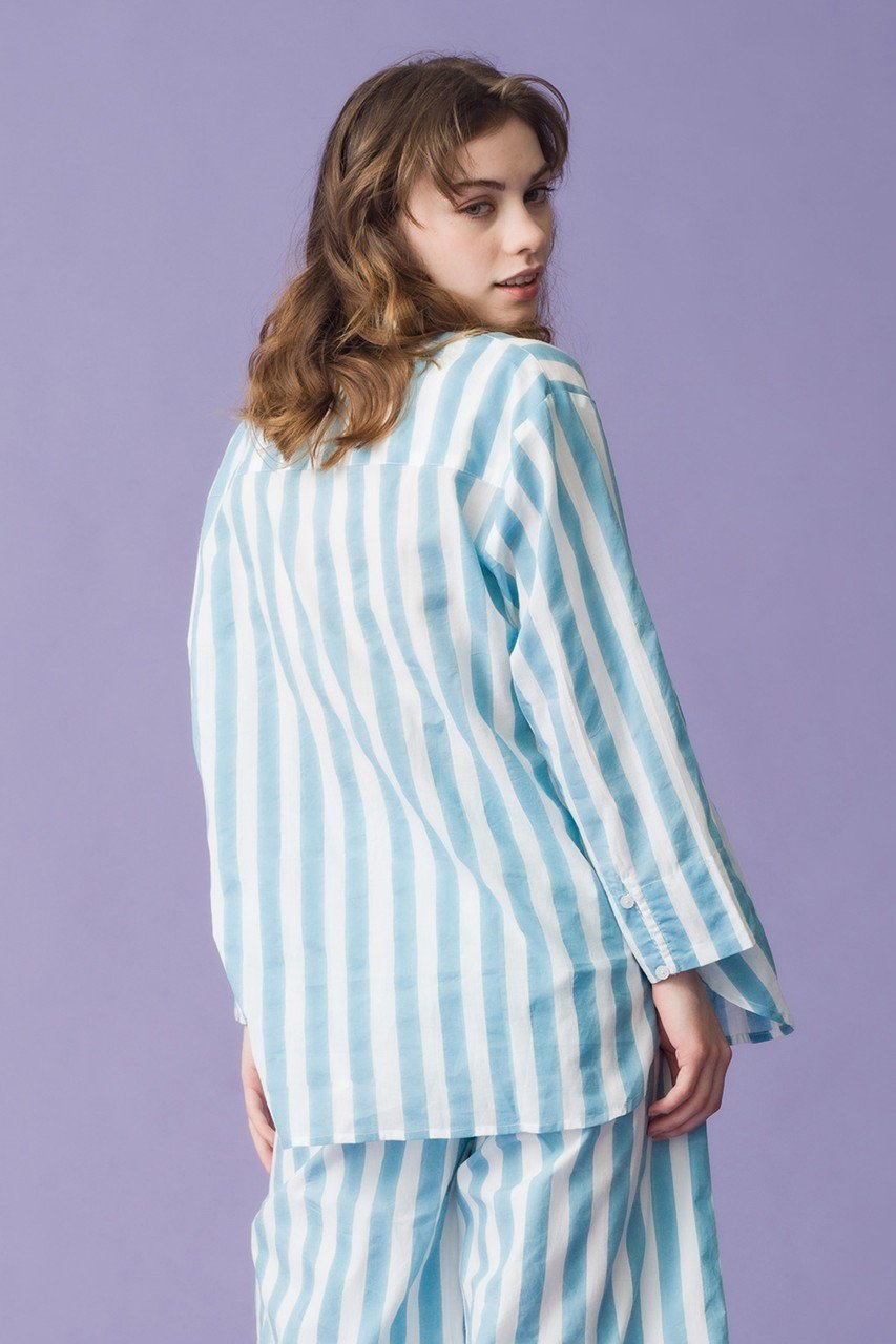 【エスゼット ブロックプリント/SZ Blockprints】のGURU TOP THICK STRIPE ノーカラーシャツ 人気、トレンドファッション・服の通販 founy(ファニー) 　ファッション　Fashion　レディースファッション　Fashion for Women　トップス・カットソー　Cut & Sew Tops　シャツ・ブラウス・オフィスカジュアル　Elegant Blouses & Button-Ups　ストライプ　Stripe, Striped Pattern　スリーブ　Sleeve, Long Sleeve / Short Sleeve　センター　Center, Center Line　デニム　Denim, Jeans Material　フレア　Flare, Flared　ボトム　Bottoms, Lower Wear　ロング　Long, Long-Length　ワイド　Wide, Wide Fit　定番　Standard, Basic Item　春　Spring　other-7|ID: prp329100004906733 ipo3291000000036738630